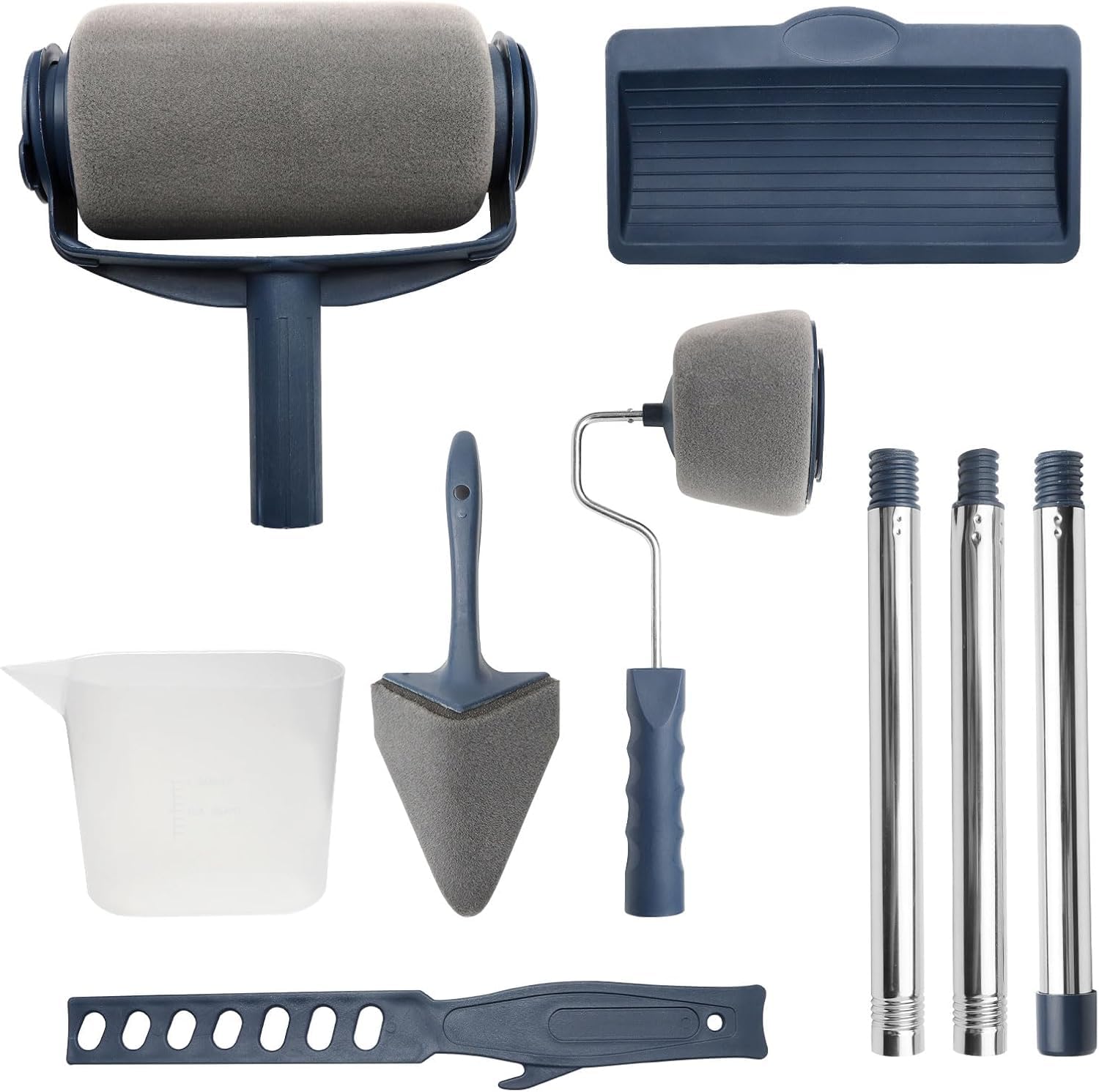 Kqdravine Blue 7 Pcs Roller Sets For Painting, Paint Rollers And Trays Sets, Extendable Paint Roller Set, Paint Tray, Paint Stirrer, Paint Brush And Roller Set, Decorating Tools For Painting Walls Ceilings