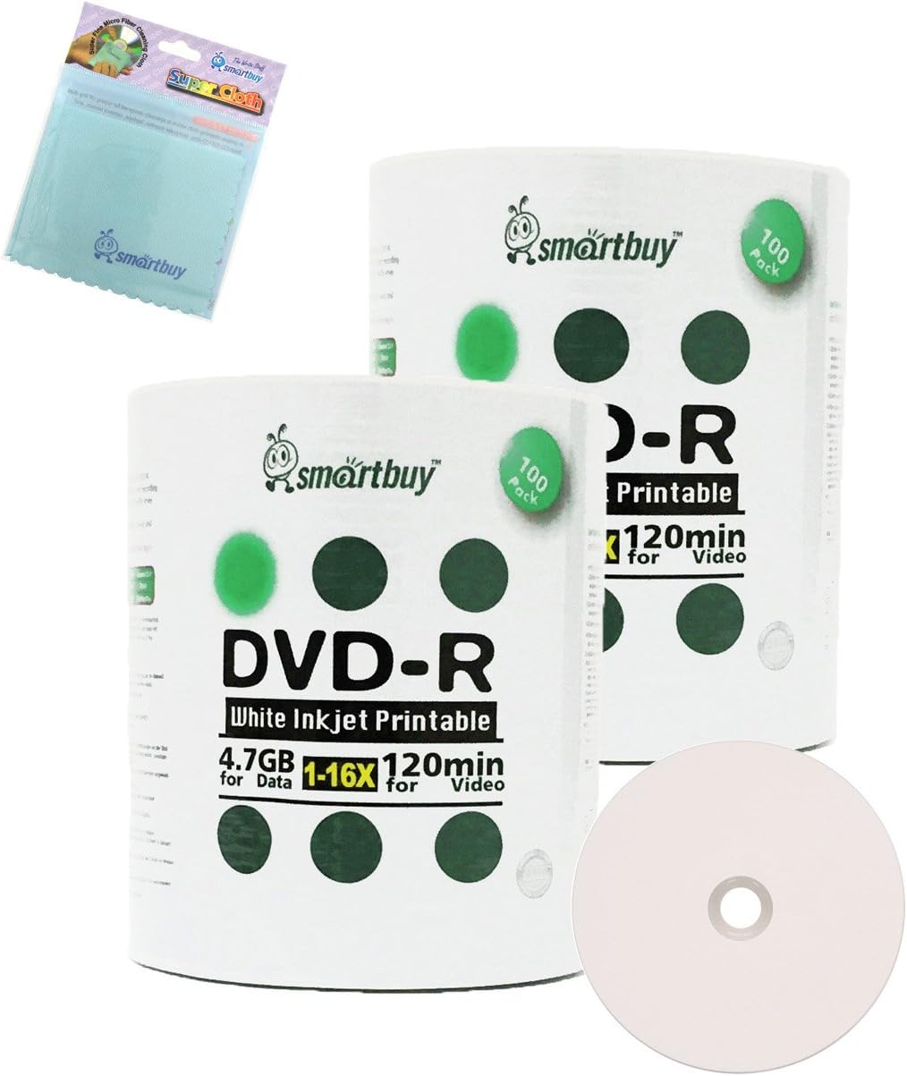 Smartbuy 200-disc 4.7GB/120min 16x DVD-R White Inkjet Hub Printable Blank Media Disc + Free Micro Fiber Cloth