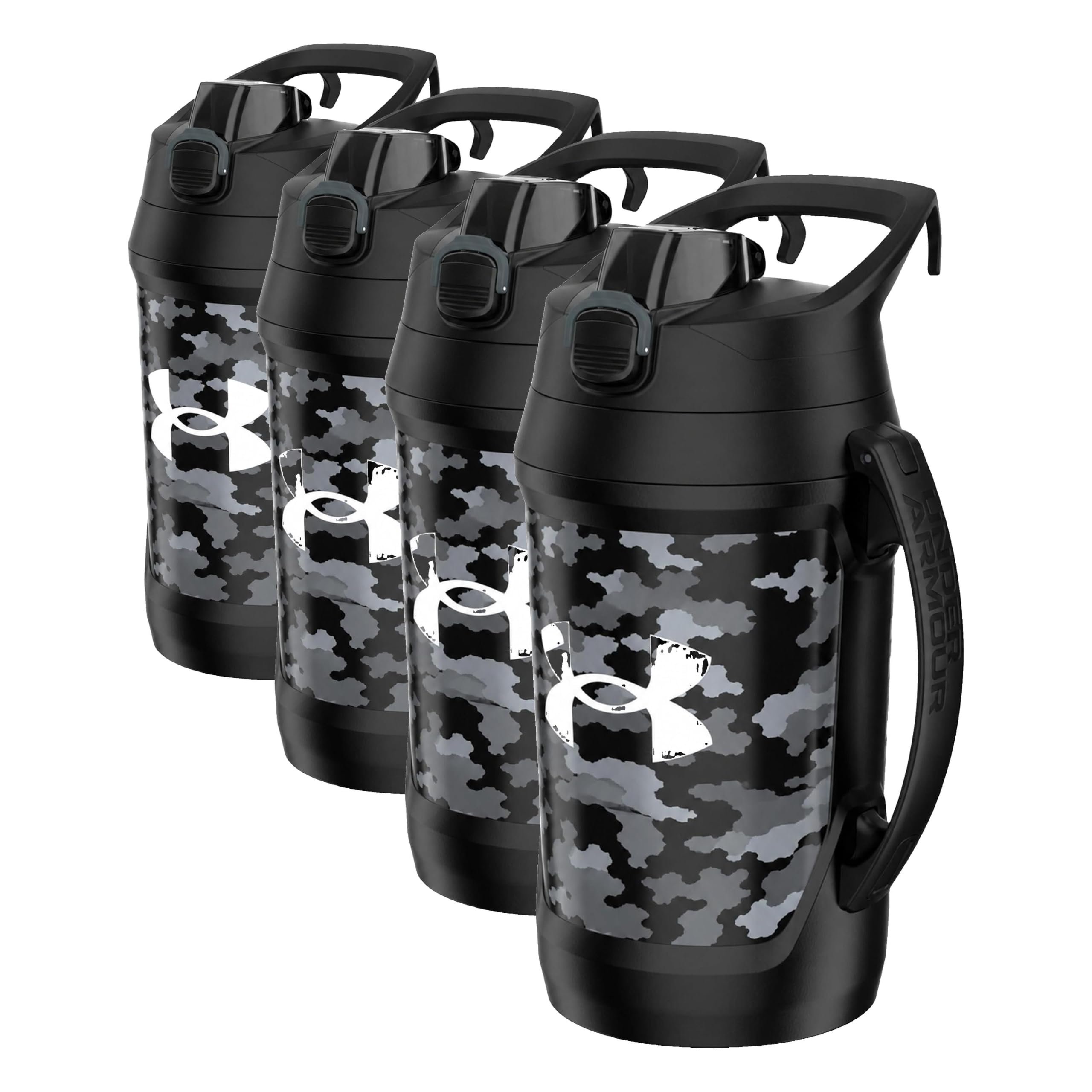 Under Armour Insulated Water Bottle with Handle &amp; Fence Hook, Half Gallon Sports Water Jug, Leak-Resistant &amp; BPA-Free for Baseball, Football_&amp; Gym - Black Woodland, 64oz (Pack of 4)