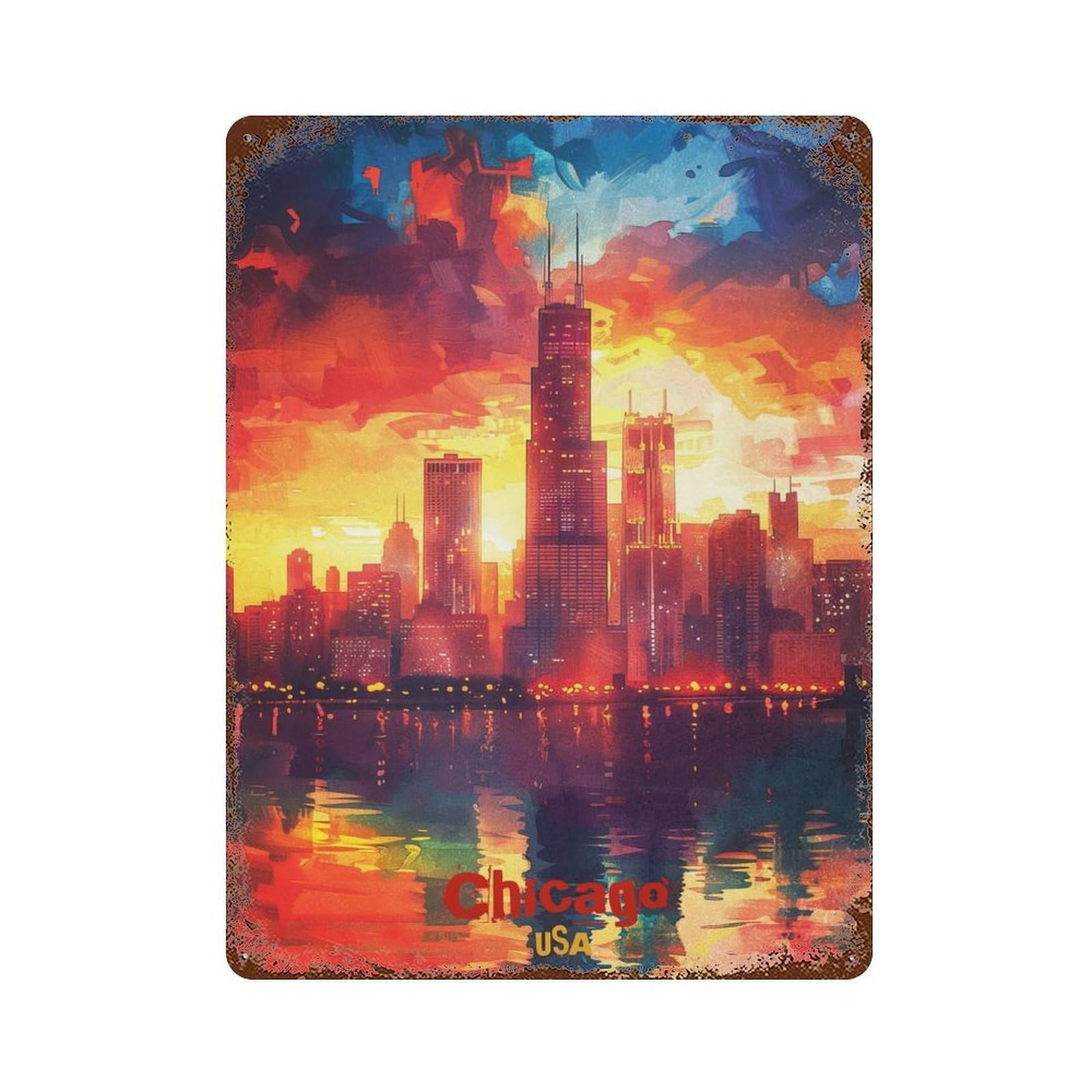 Chicago Art Rust Effect Tin Sign 15.7"x11.8", Novelty Wall Decor for Garage, Pub Or Kitchen
