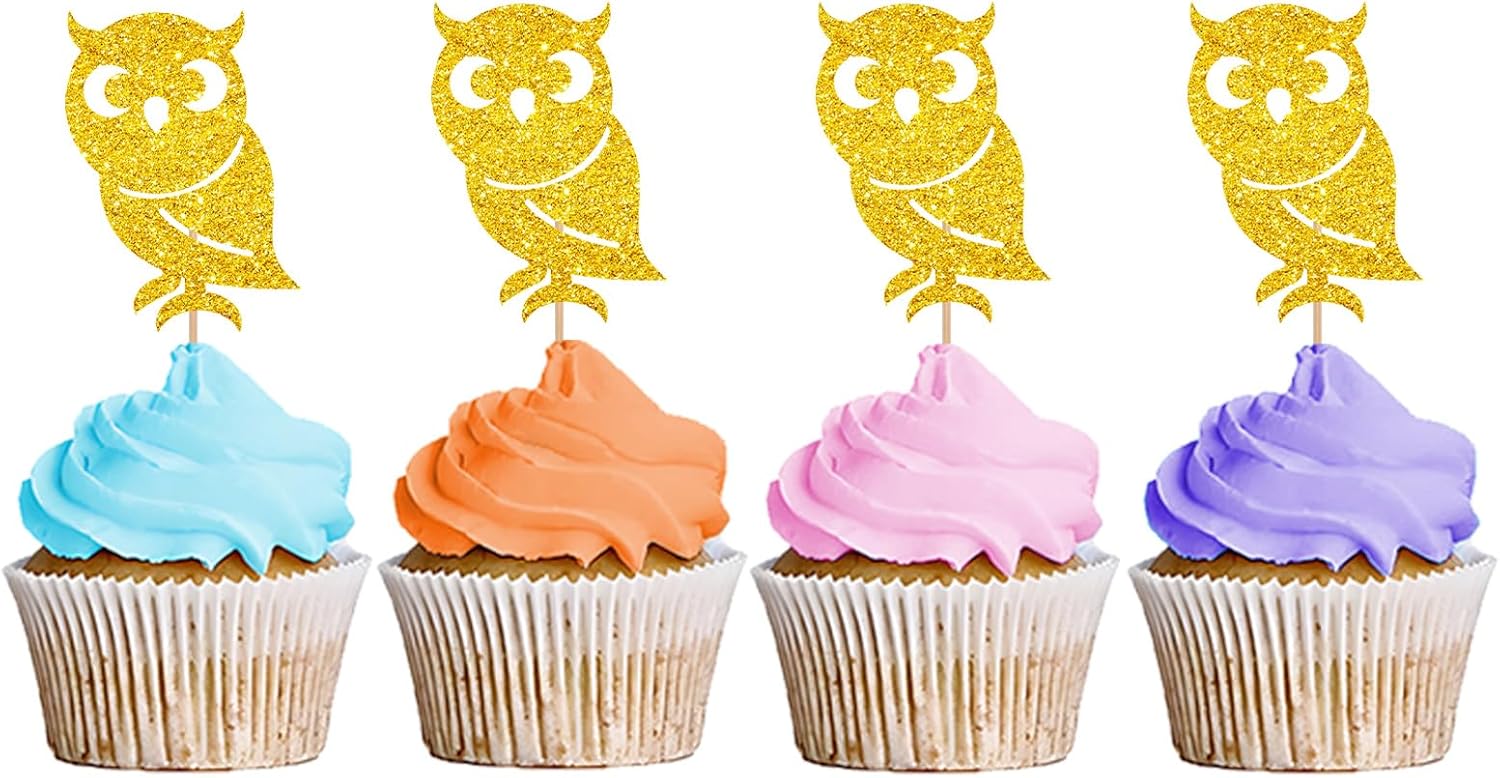 24PCS Owl Cupcake Toppers, Owl Themed Baby Shower Party Cake Decor, Owl Food Picks for Animal Themed Party Cake Decoration - Gold Glitter