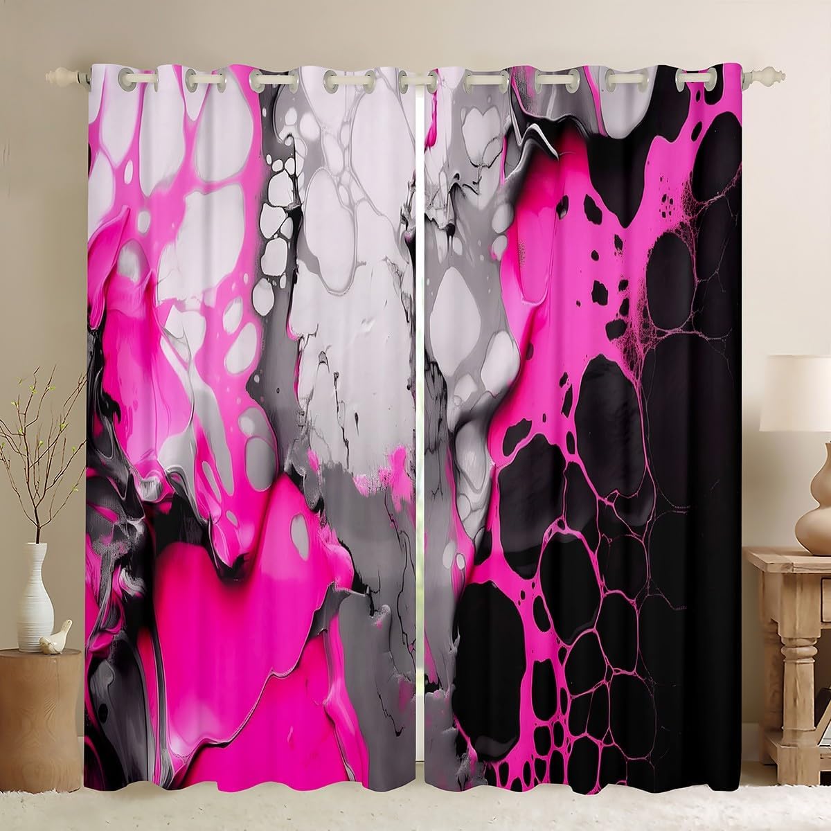 Feelyou Pink Black Marble Darkening Drapes for Kids Marble Aesthetic Blackout Curtains Boys Girls Retro Watercolor Darkening DrapesMarble Texture Window Treatments (2 Panels, 38 x 45 Inch)