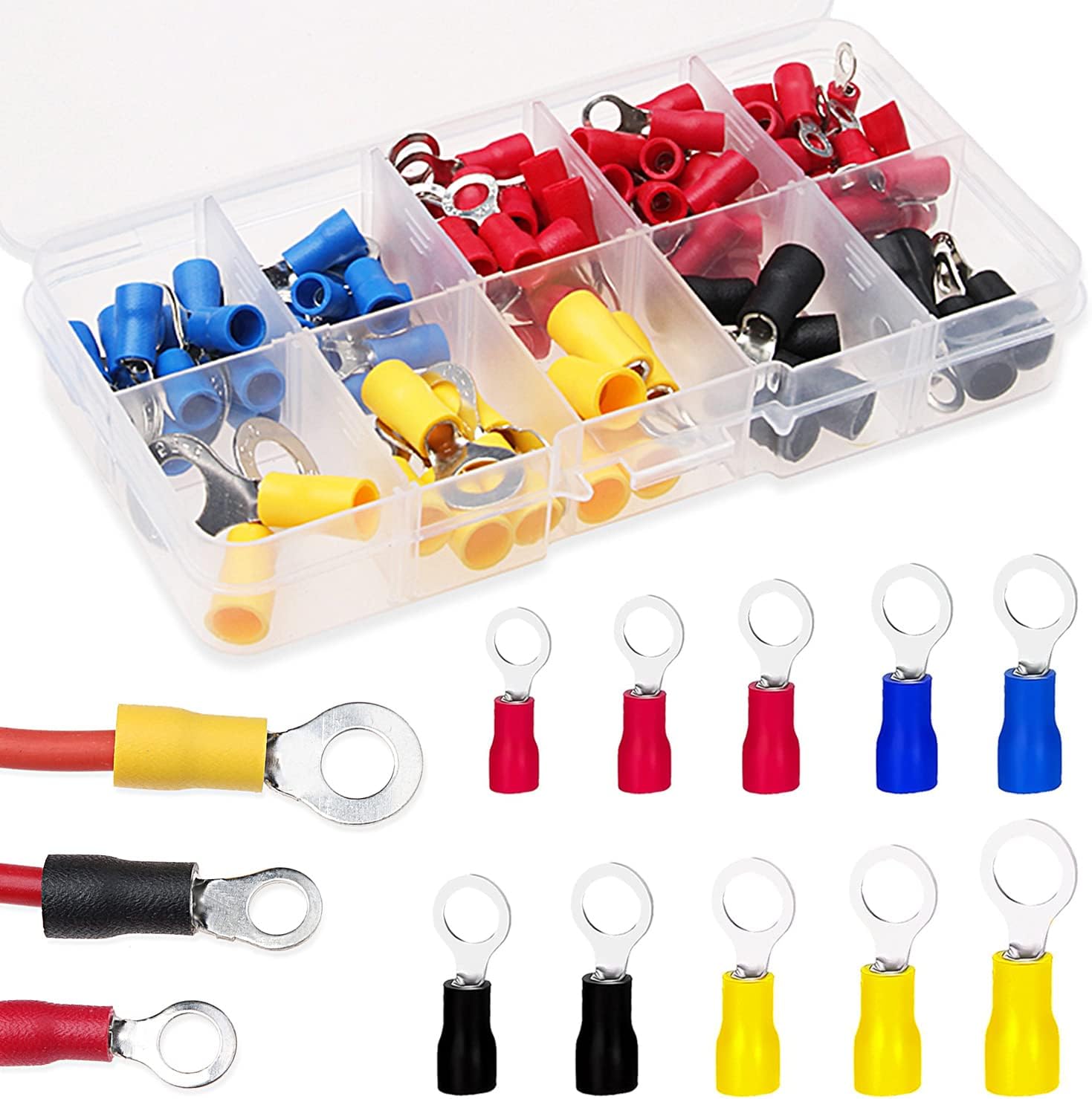 102 Pcs Ring Crimp Terminals Connectors, O-Type Electrical Wire Connectors Insulated Assortment Kit for Automotive Car Motorcycle Boats Electric Instruments, 10 Size
