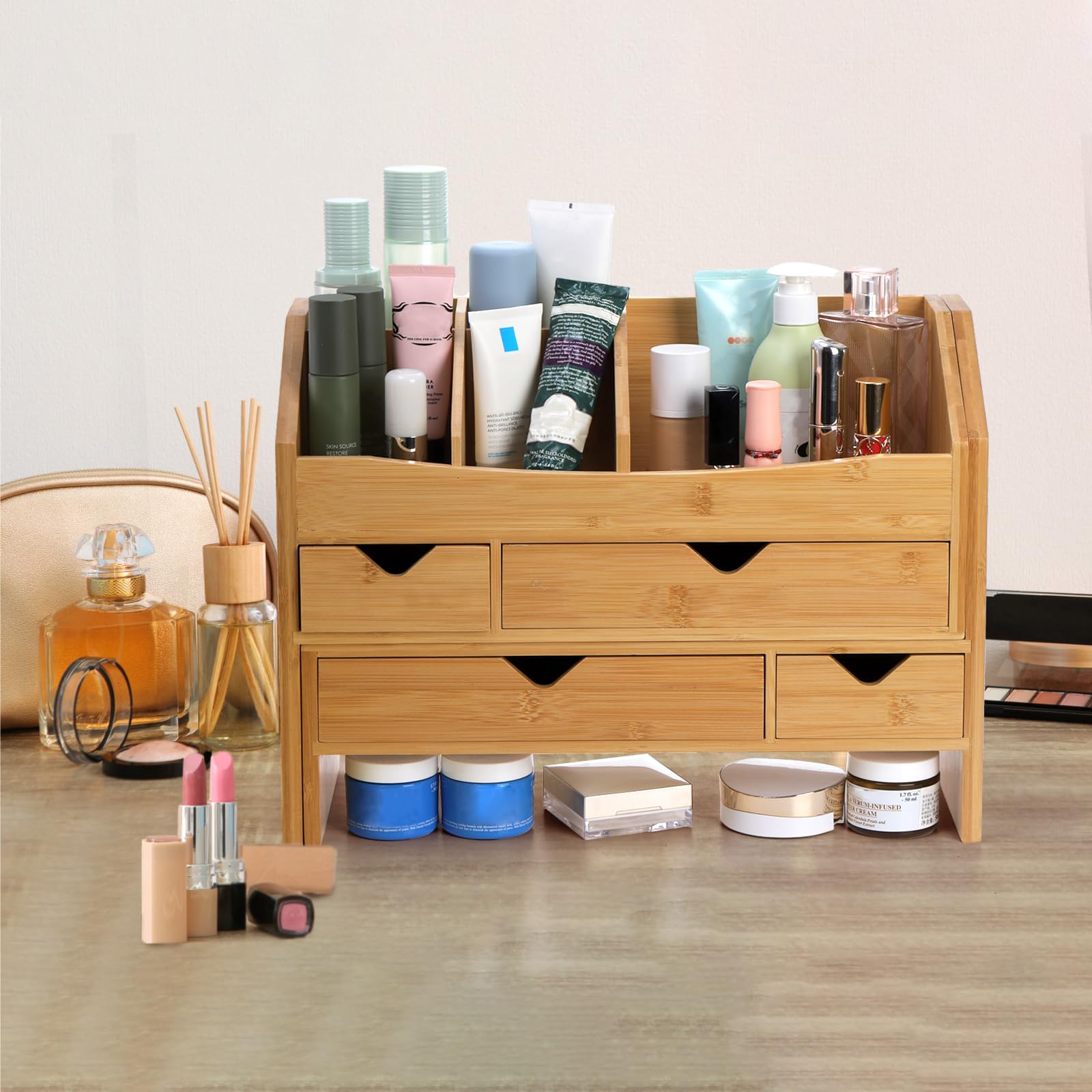 Lawei Schreibtisch-Organizer aus Bambus mit verstellbarem Aktenhalter, Mini-Schreibtischschublade, Tisch-Organisationsbox mit 4 Schubladen für Make-up, Briefe, Stifte, Heimbürobedarf, Schminktisch, 3
