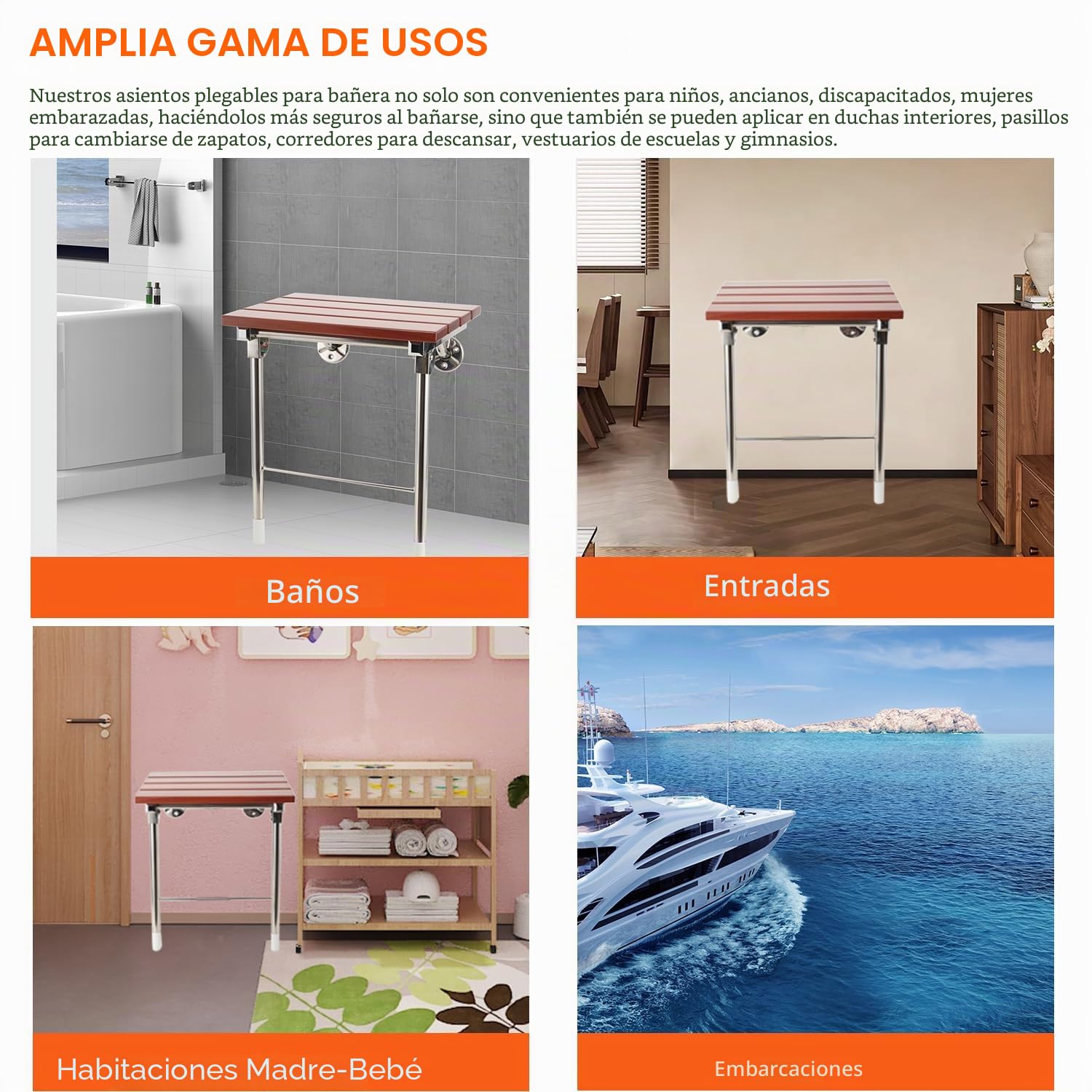 Asiento de ducha plegable montado en la pared con patas, banco de ducha plegable | Silla de baño de madera con patas antideslizantes para ancianos/discapacitados/embarazadas, altura 460 mm