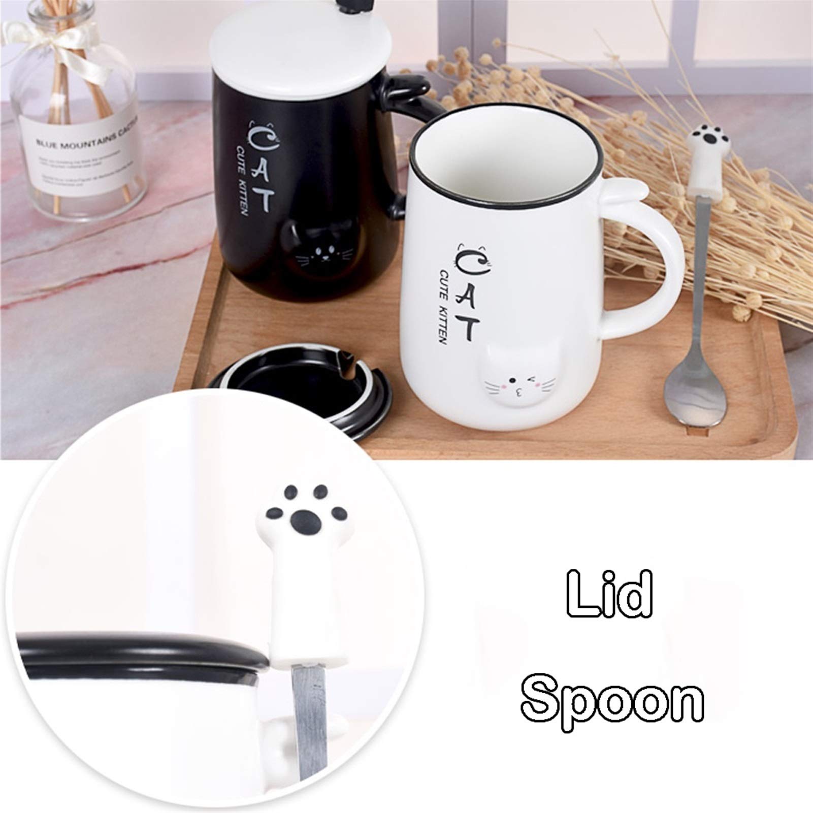 Taza de café, Taza de té, Taza de café de cerámica con Tapa y Cuchara, Hermosa Taza en Forma de Gato 3D, Tazas de Agua/té/Leche, Oficina en casa (Azul)