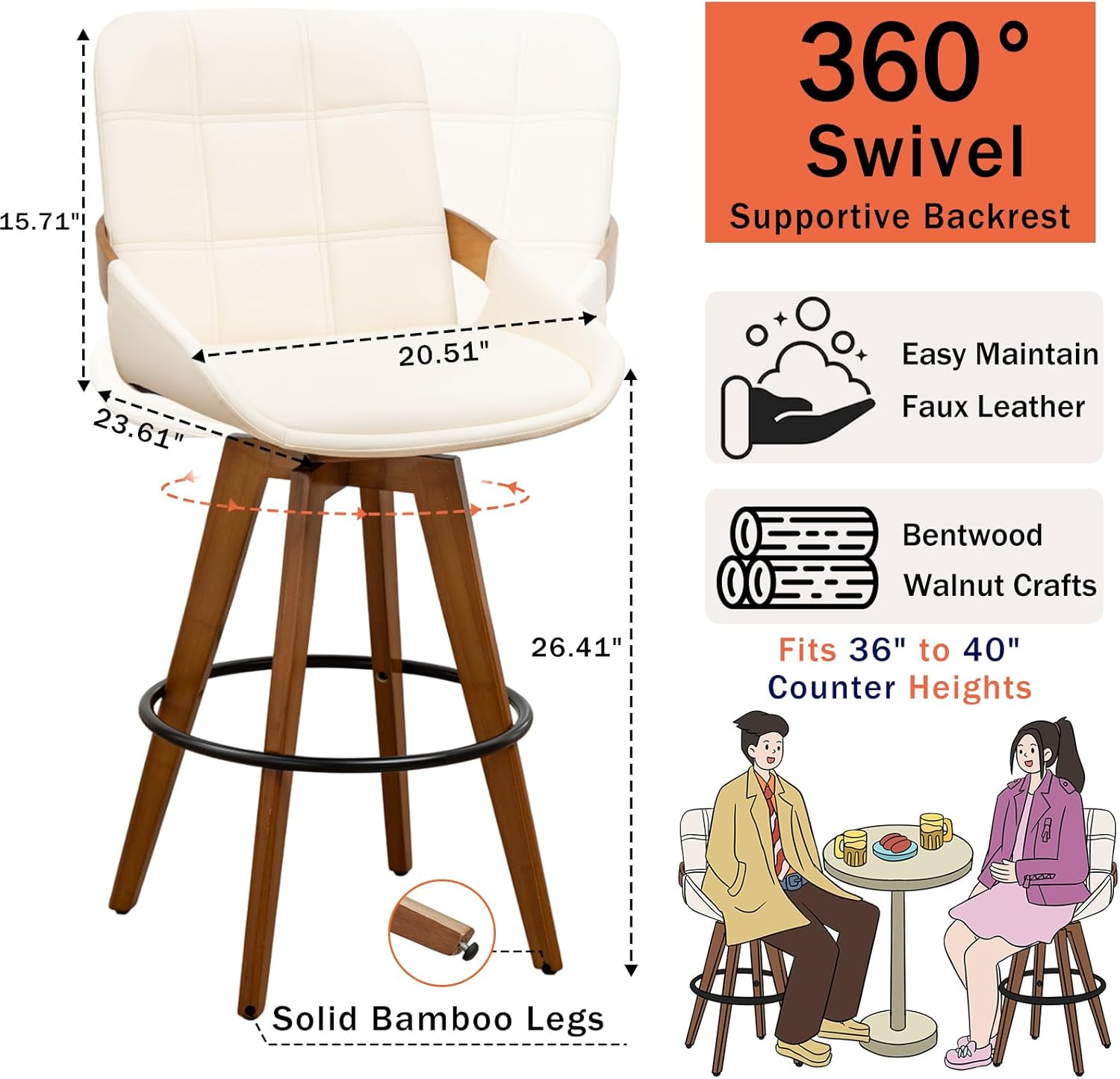 Mid Century Modern Swivel Counter Stools Set of 2, 26” Counter Height, Upholstered Faux Leather Seat with Curved Bentwood Back & Arms, Solid Bamboo Legs in Walnut Finish, Kitchen Island Stools, Beige