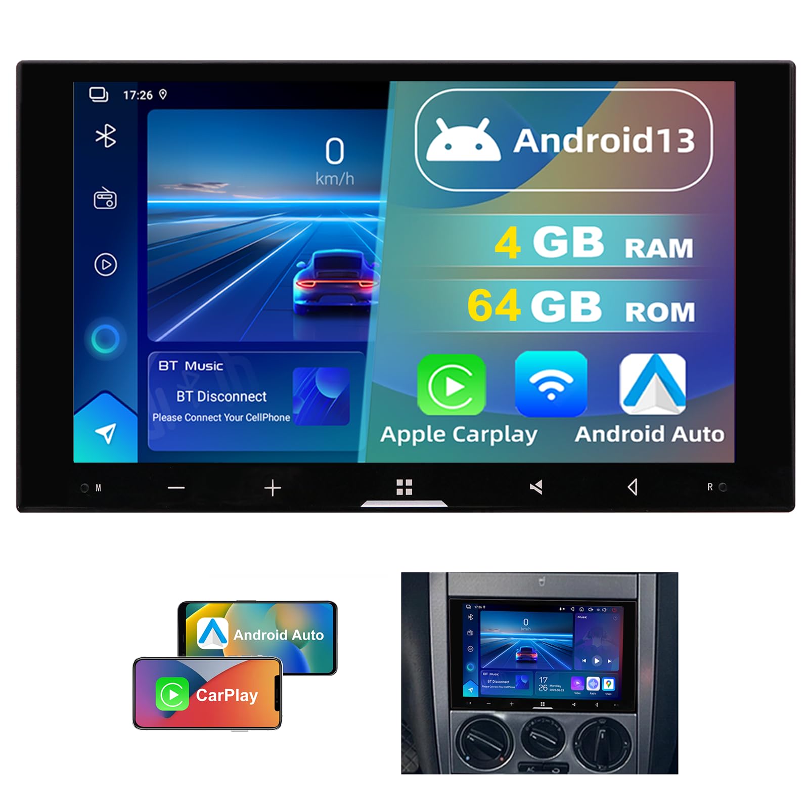 4GB+64GB Android Autoradio für VW Golf 4 1998-2006 2 Din, 7 Zoll 1280x720 QLED Bildschirm mit Wireless CarPlay & Android Auto, 1080P Rückfahrkamera, GPS Navi, WiFi, Bluetooth, DSP, RDS, USB