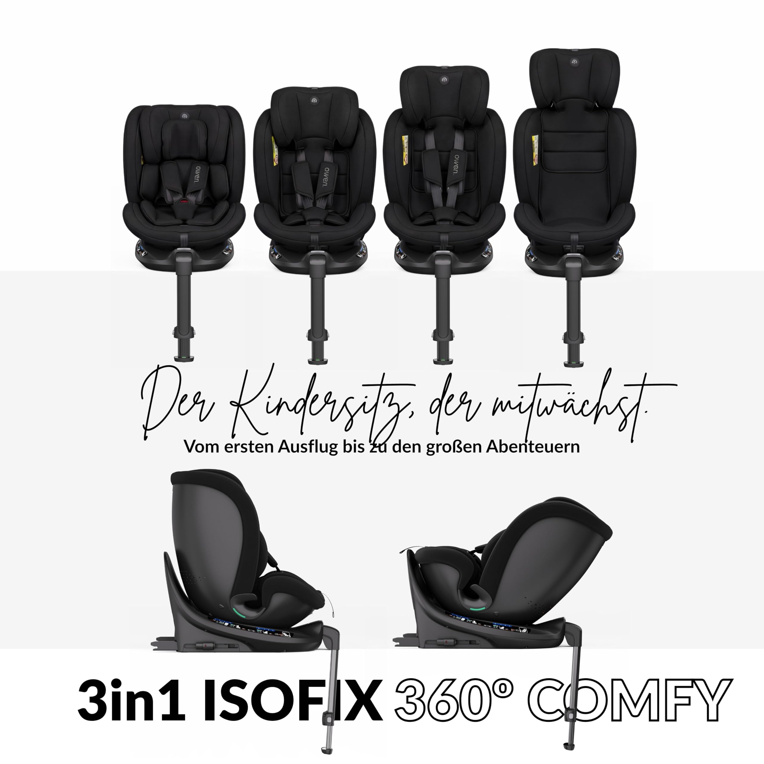 OWEN 360Comfy Kindersitz 360° drehbar Isofix Reboarder 0-36 kg – Schwarz | ECE R129 i-Size geprüft (40-150 cm, 0-12 J.) – Seitenaufprallschutz, Sonnenverdeck, 360° drehbar & rückwärtsgerichtet