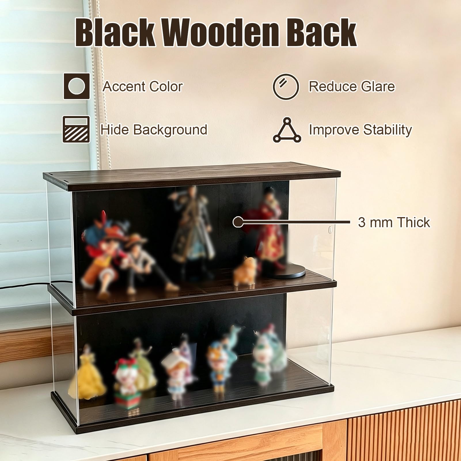 Acryl Vitrine Schwarze Acrylvitrine für Kleinteile, Vitrinen Actionfiguren | Länglicher Diorama-Behälter mit Holzsockel und Deckel, Schiebetür-Organizer-Gehäuse für Kosmetik(Black,L-32cm(12 5/8"))