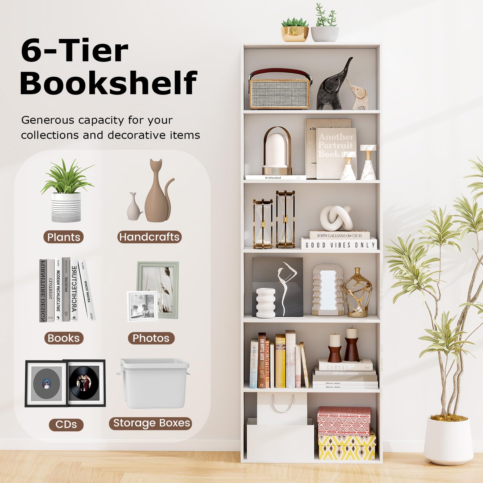 KOMFOTTEU Librería Abierta de 6 Niveles, Estantería para Libros con 2 Kits Antivuelco, Mueble de Almacenamiento de Madera, Armario para Sala de Estar, Oficina, Estudio, 60 x 24 x 178 cm (Blanco)