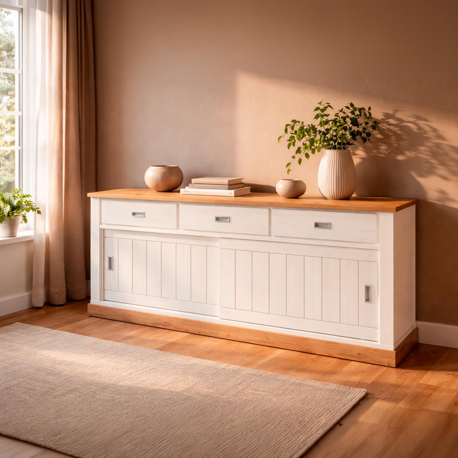 Arreditaly Credenza Soggiorno 3 Cassetti 2 Ante Scorrevoli 4 Ripiani Interni Mobile Buffet Madia Dispensa Cucina Zona Living Design Classico Moderno 220 x 50 x 95 Cm (Bianco e Rovere)