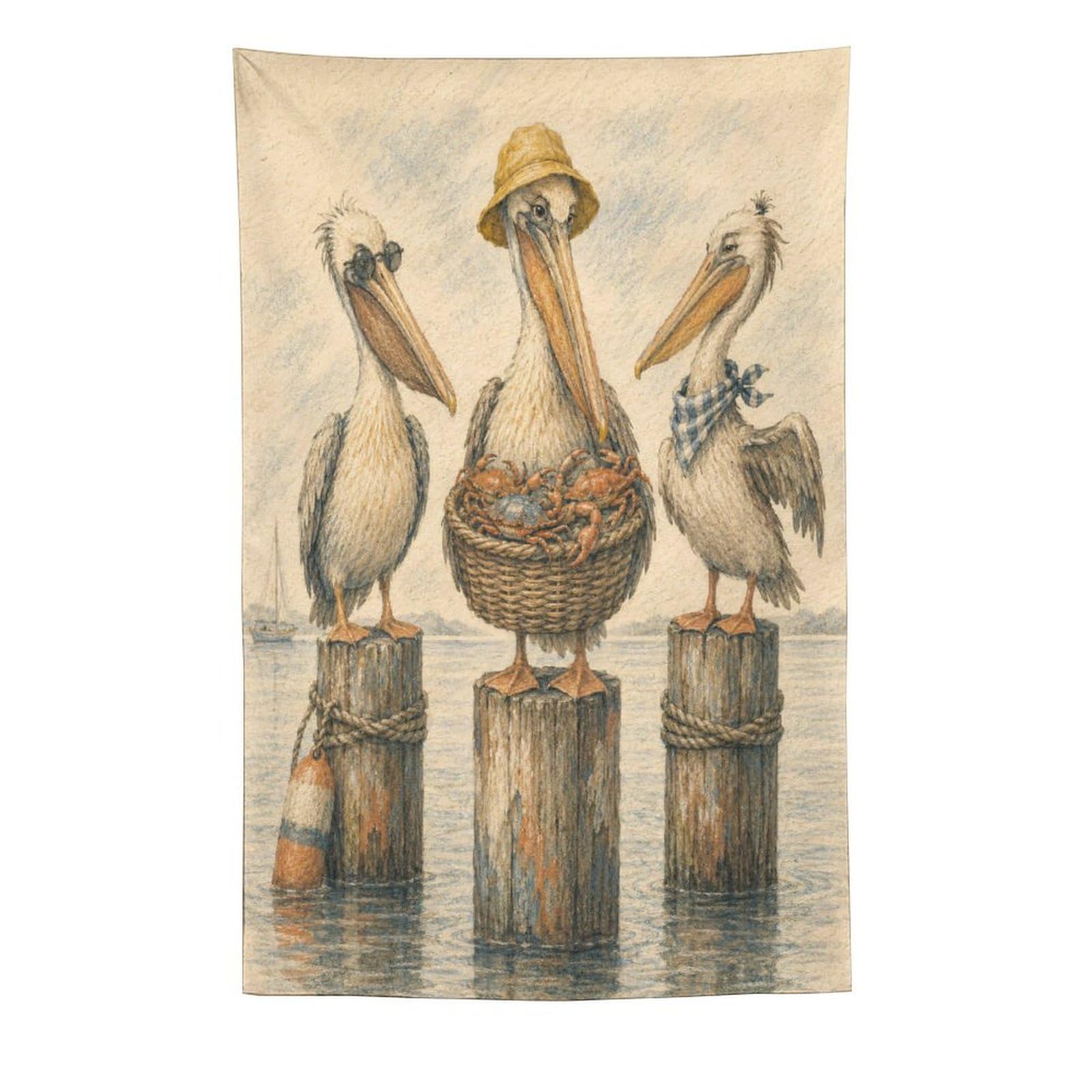 W7C8U2X3 Pelicans on Wooden Posts Wall Tapestry, Watercolor, Room Divider