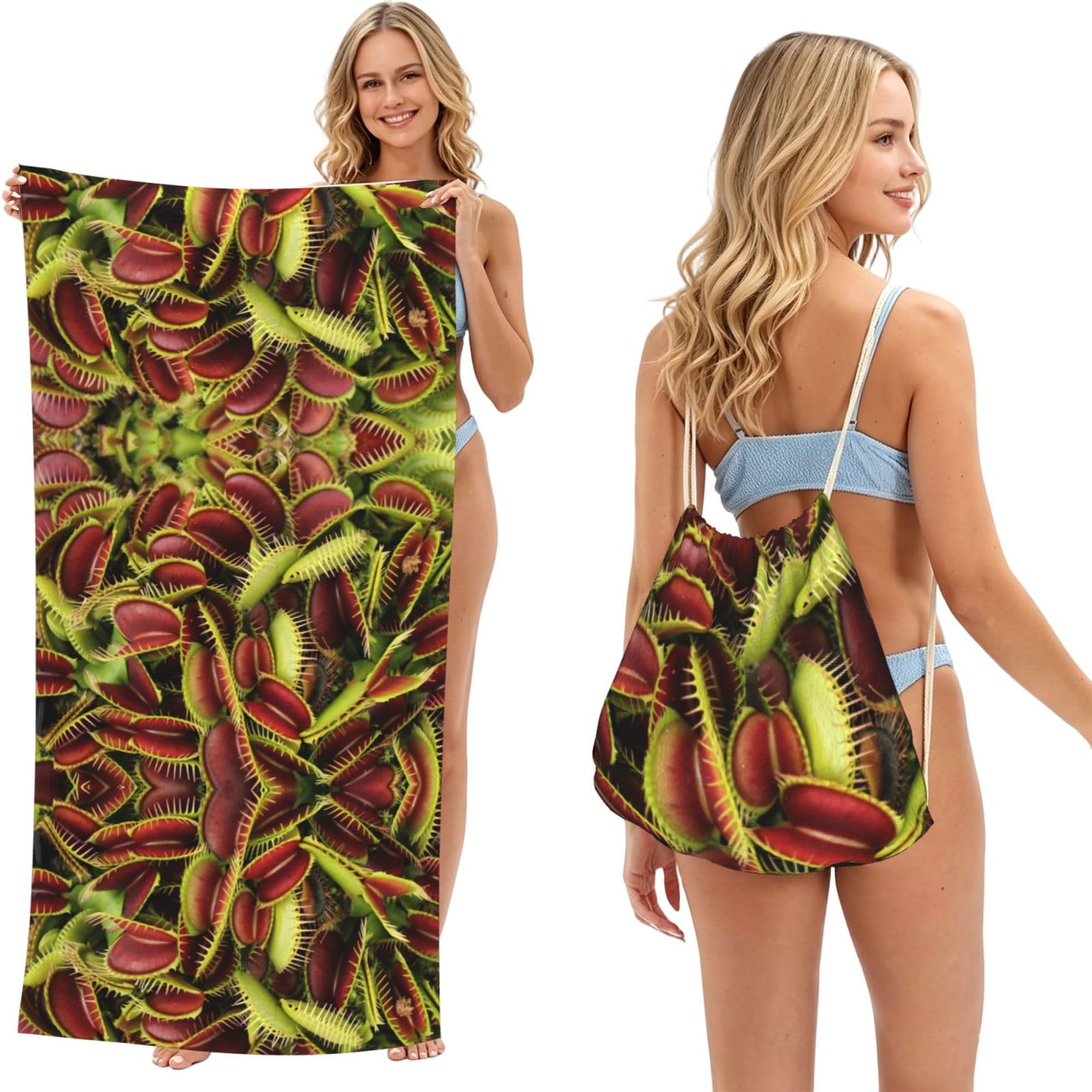 SATUSA Plant Print 2-In-1 Foldable Beach Towel Backpack â€“ Camping, Yoga And Travel,Bath Towel With Built-In Storage, Convertible Beach Mat & Carry Bag