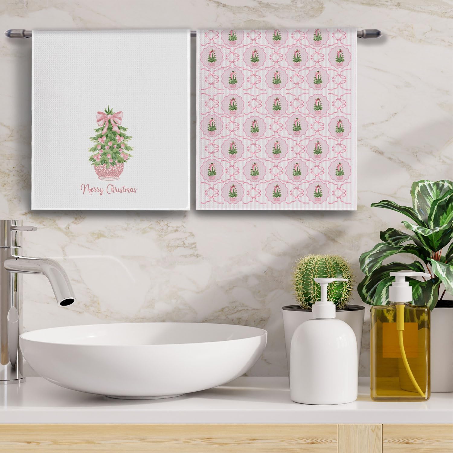 Pink Chinoiserie Christmas Kitchen Towels, Preppy Bow Christmas Tree Dish Tea Towel for Kitchen Decor, Grandmillennial Xmas Decorative Hand Towels for Bathroom, 16x24 Inches Set of 2 - Image 3