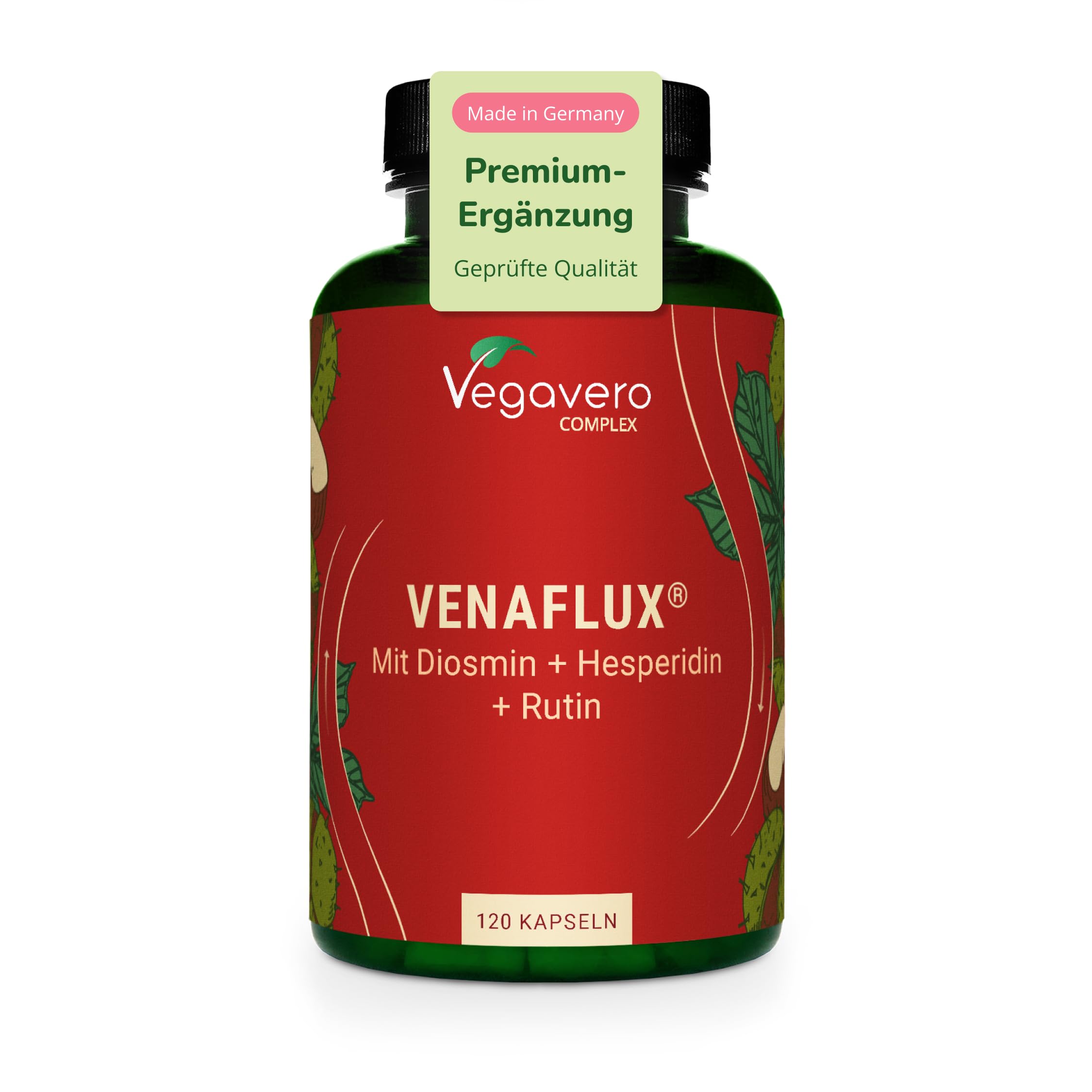 Vegavero Venaflux Kapseln 120 Stück - mit Hesperidin, Diosmin, Rutin, Rosskastanienextrakt & Mäusedorn - 40 mg Aescin & 7 mg Ruscogenin - Vegan, ohne Zusatzstoffe, laborgeprüft
