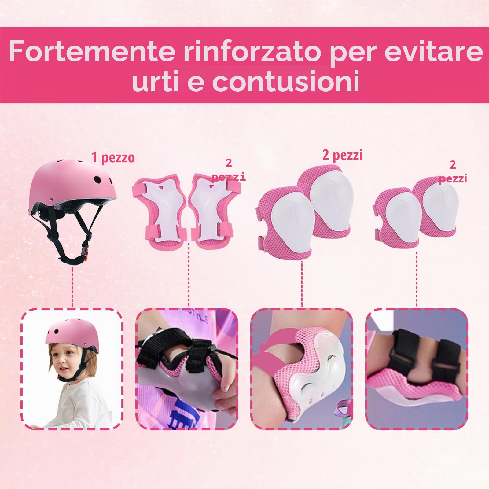 Set di Protezioni per Bambini, Set di Casco Protezione Bambini, traspirante e regolabile, set di ginocchiere per bambini per bicicletta, skateboard, scooter (rosa)