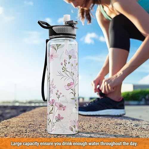 Miniatura 6 de Botella de agua con diseño floral lindo con tapa de pajilla, 32 onzas, a prueba de fugas, botellas de agua transparentes para gimnasio, para mujeres
