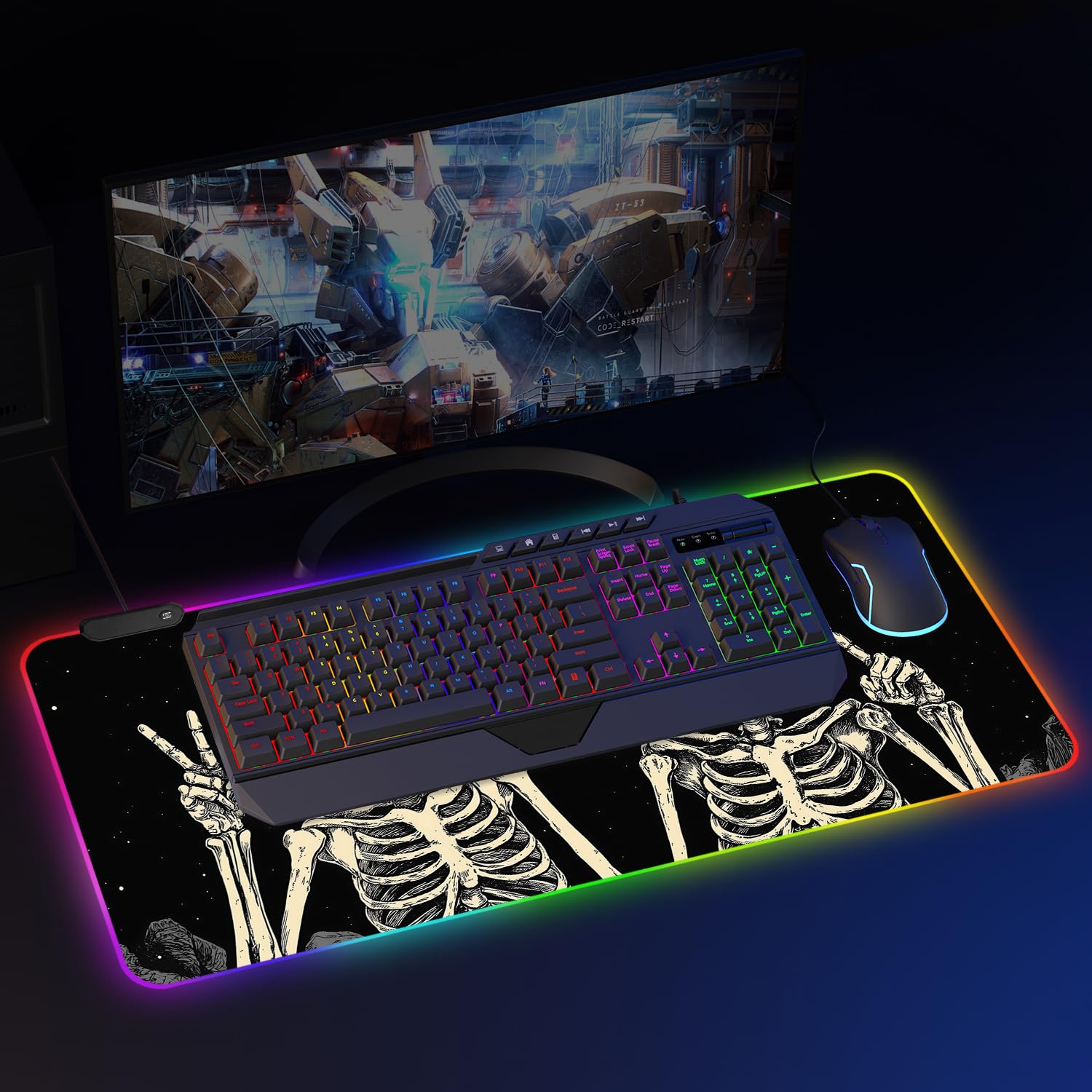 Tappetino per mouse da gioco RGB XL 89,9 x 40,6 cm, con teschio scheletrato, tappetino per mouse da gioco LED, antiscivolo, grande tappetino da scrivania per configurazione dei giocatori