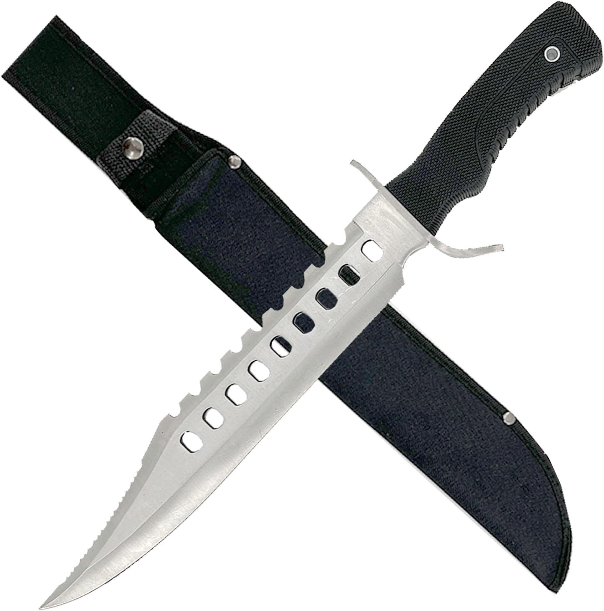 Survivors Sawback Knife Collection – 17" Bowie & Hunting Fixed Blades with Nylon Sheath for Outdoor Survival (Silver)