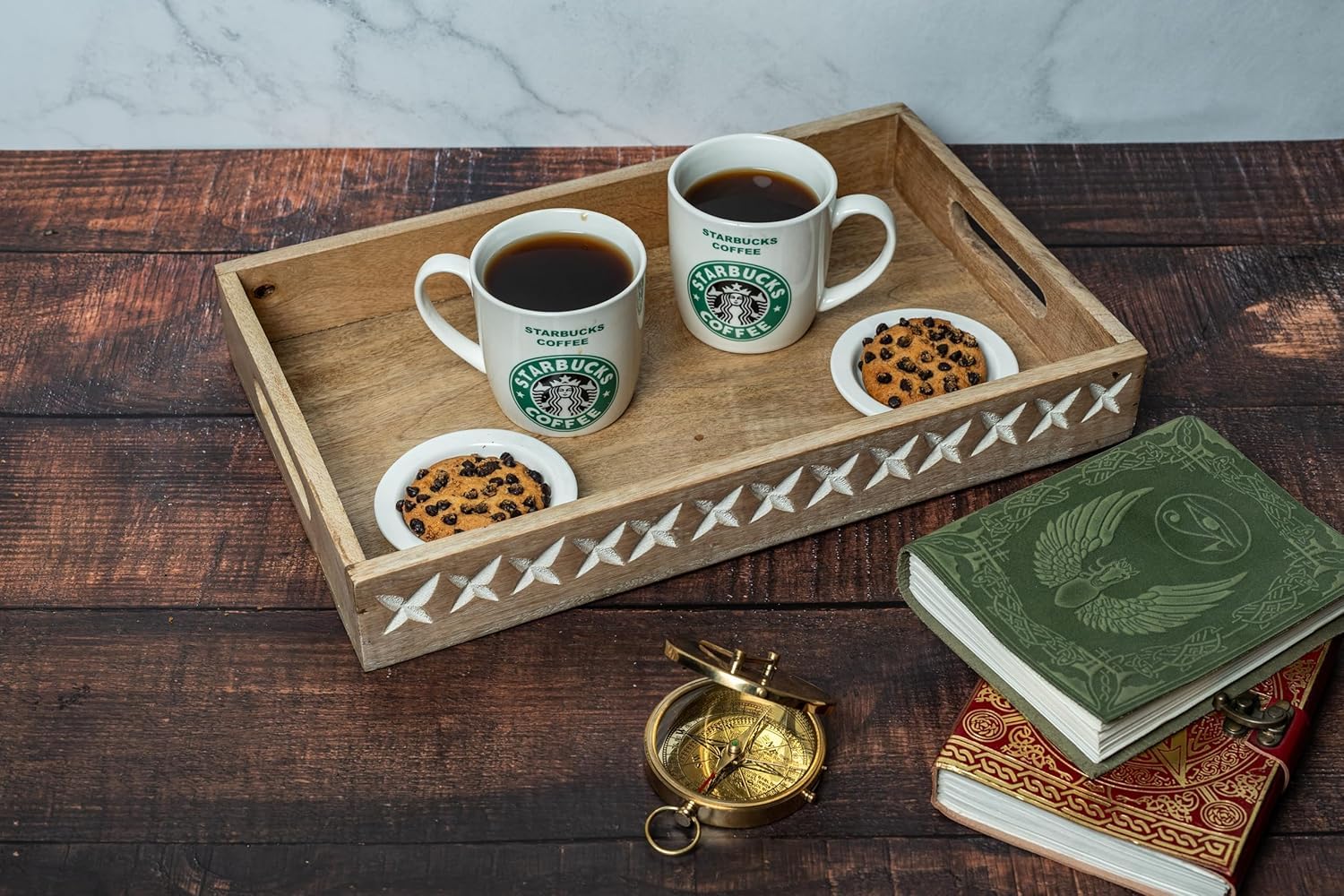 SimbaKart Handmade Carved Wooden Tray with Handles, Wood Ottoman Tray for Serving Coffee, Breakfast in Bed, Shabby Chic Finish, Snack Tray, Great for Breakfast, Homes, Restaurant