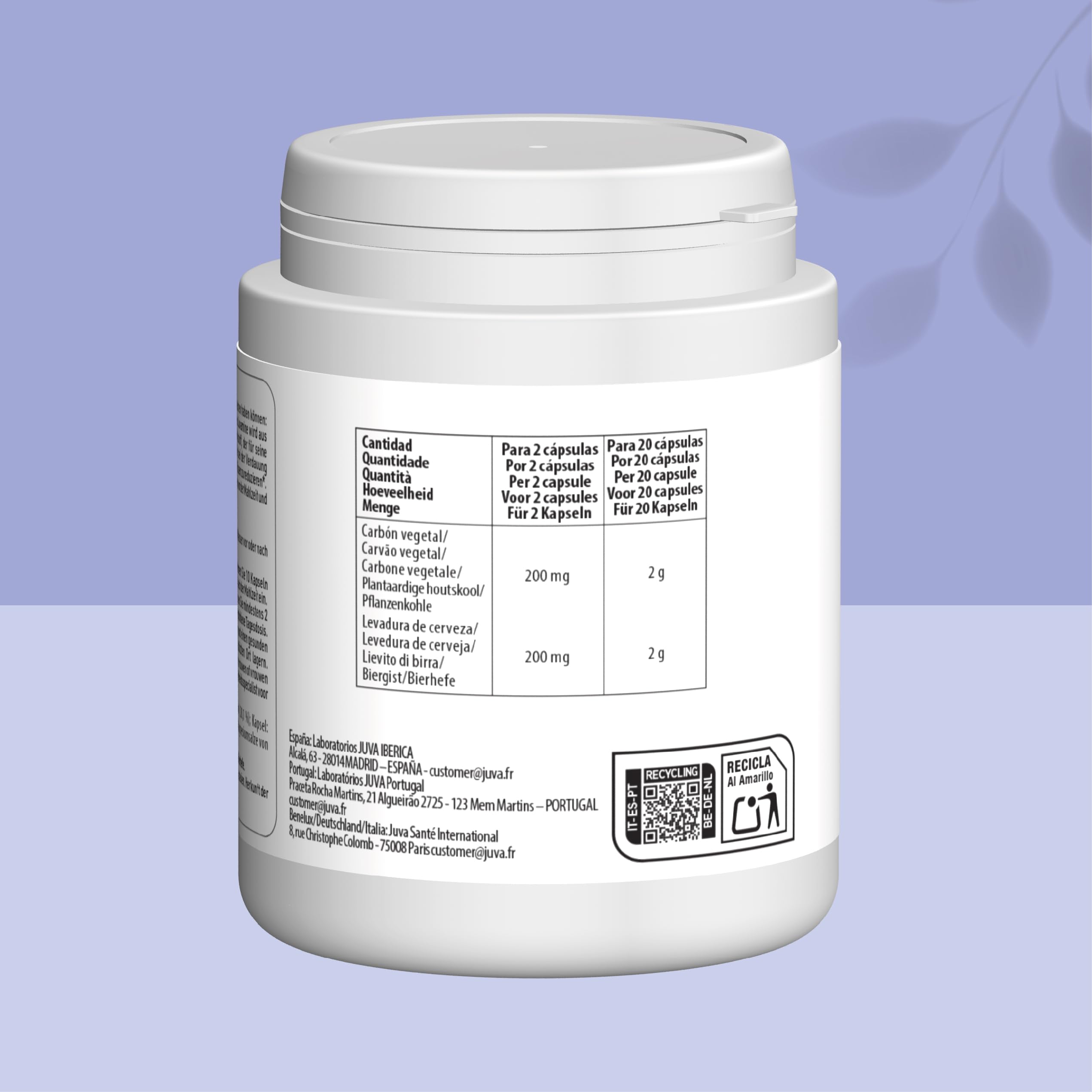 JUVAMINE - Digestione - Carbone di lievito - Gas intestinale - Aiuta a ridurre l'eccesso di flatulenza - Formato Maxi - 2 mesi - 120 Capsule - Prodotto in Francia