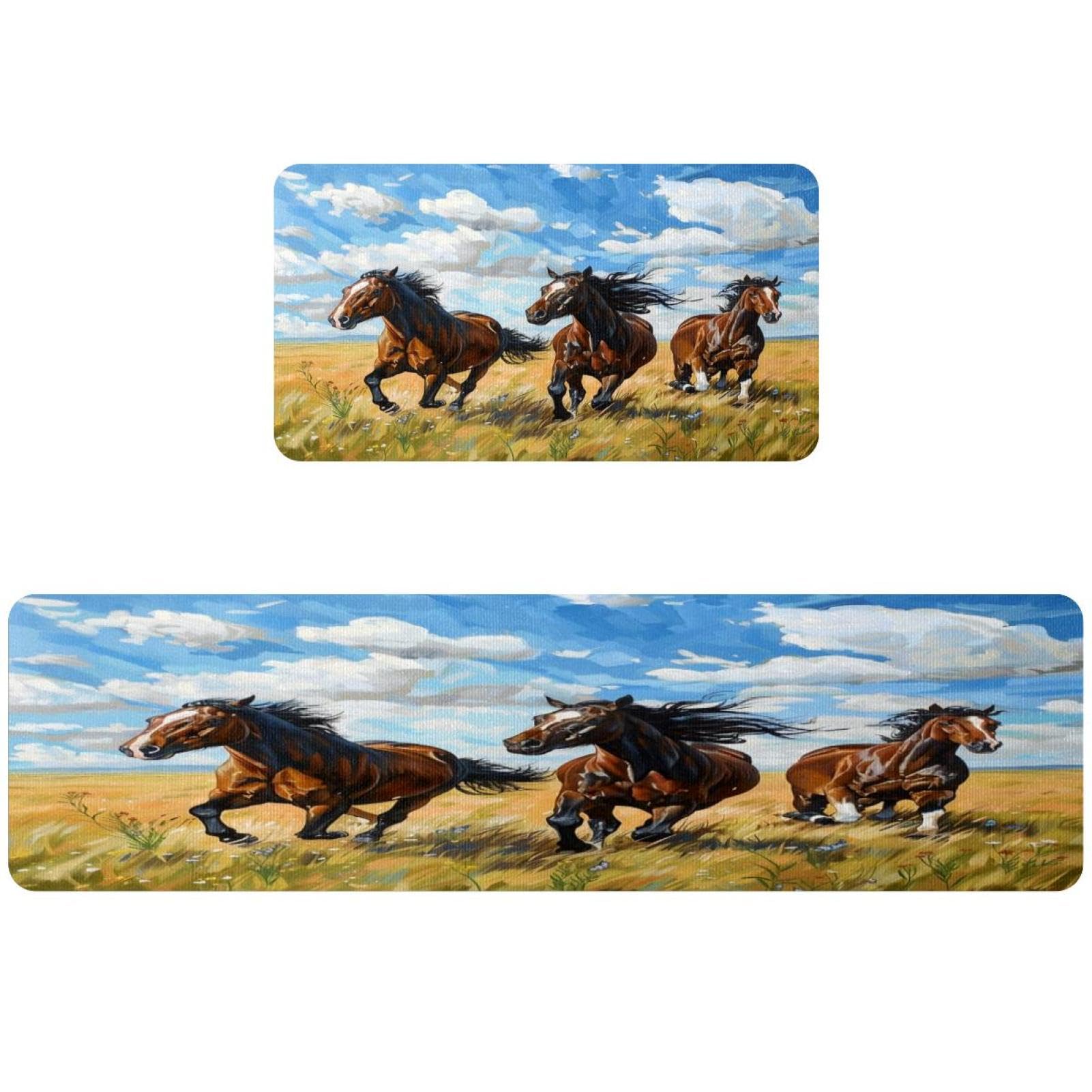 Lot de 2 tapis de cuisine aquarelle cheval prairie antidérapants