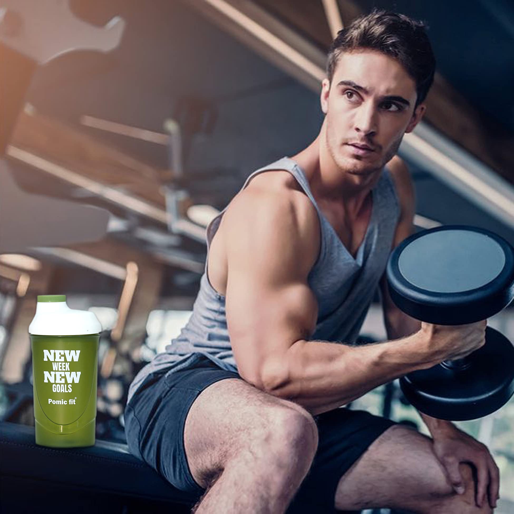 Pomic fit Protein Shaker Bottle Fitness Blender For Men & Women gym shaker bottle for sports with Protein sipper mix, cycling, Running, Yoga stainless steel blender ball 600ml (White,Green) 4