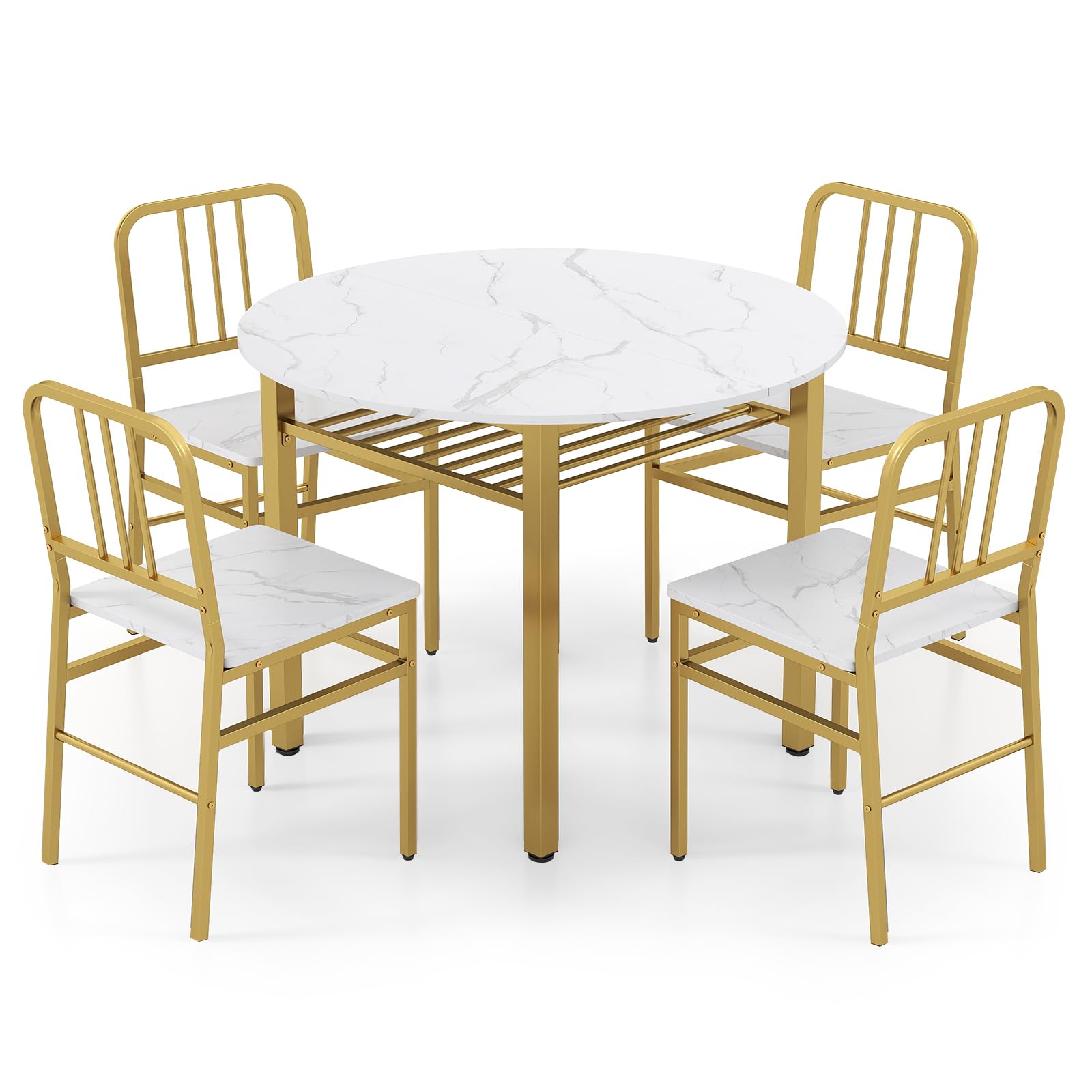 COSTWAY 5 Piece Dining Table Set, Round Kitchen Table and 4 Chairs with Storage Rack, Space-saving Metal Frame Counter Dinette Furniture for Dining Room, Breakfast Nook, Apartment (White + Gold)