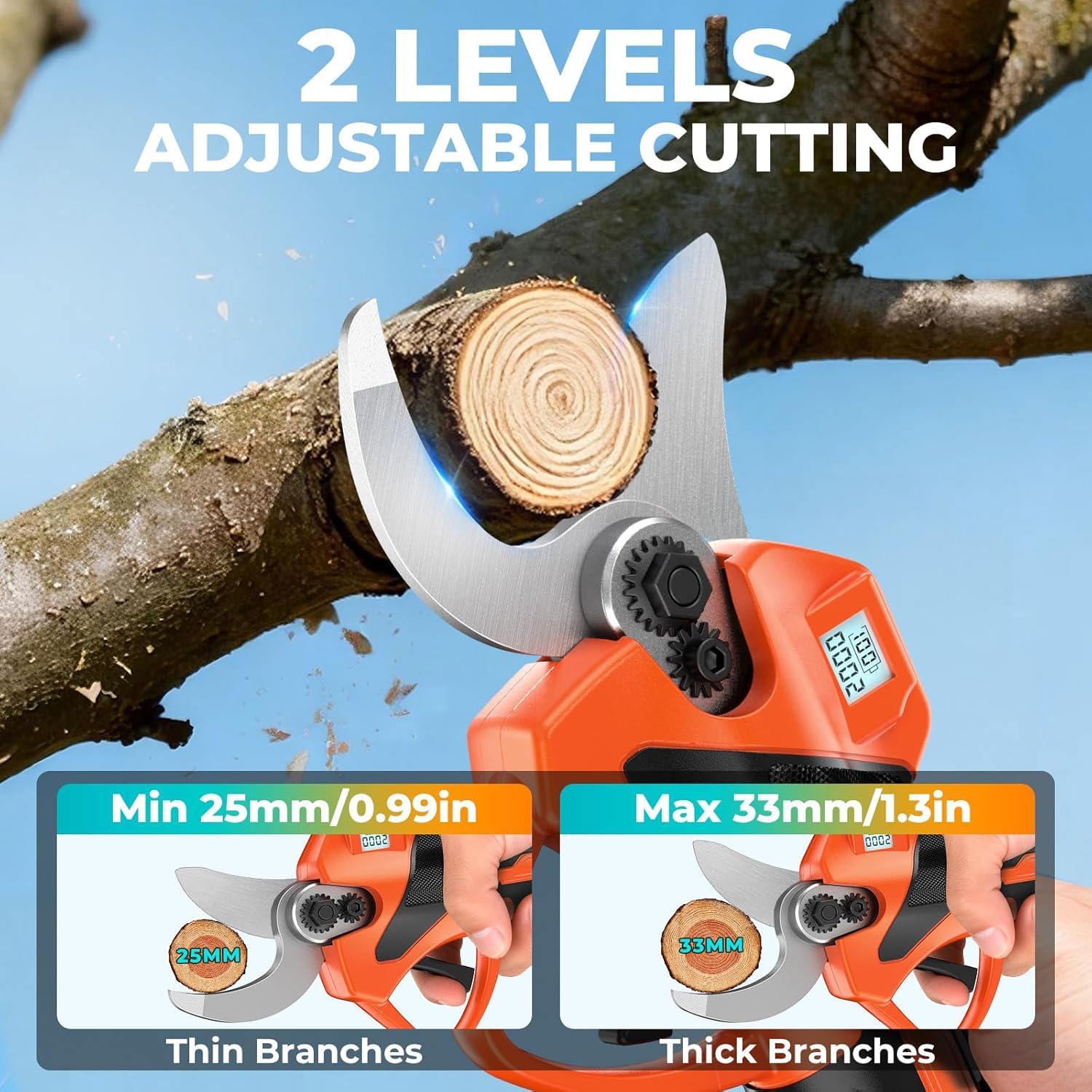 Tijeras de Podar Eléctricas, 33mm Tijeras de Podar Bateria con 2 x 2 Ah Baterías,21V Motor Sin Escobillas,Pantalla LCD y SK7 Cuchillas, Ligera Tijeras Podar para Jardinería, Árboles Frutales, Rosales
