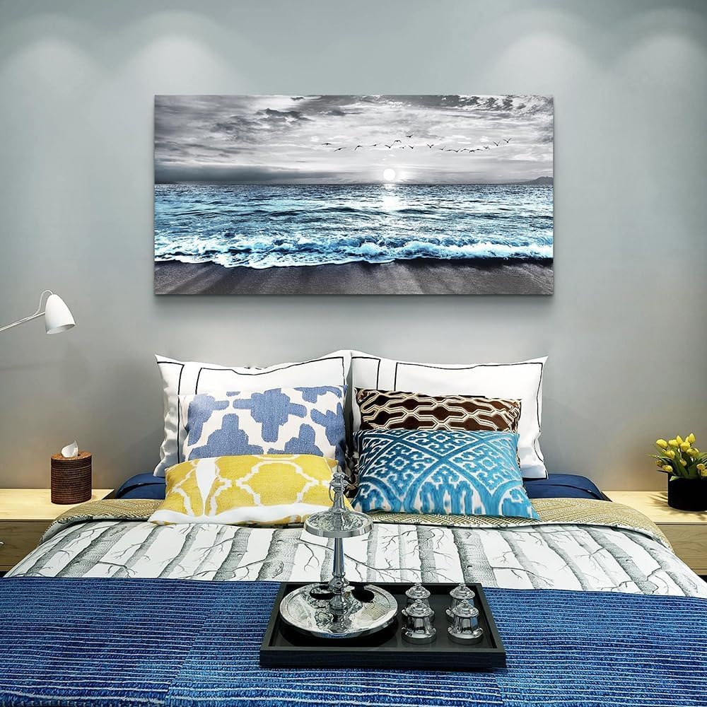 lianyibo Large Canvas Wall Art For Living Room Bedroom Decor Black & White Blue Sea Wave Pictures Posters Prints Beach Posters(30x60cm/Inner frame)