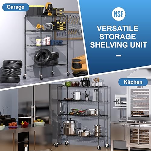 Miniatura 6 de Luxspire Estantería de alambre con ruedas, estantes de almacenamiento ajustables de grado comercial NSF de 2400 libras, estante de metal, estante