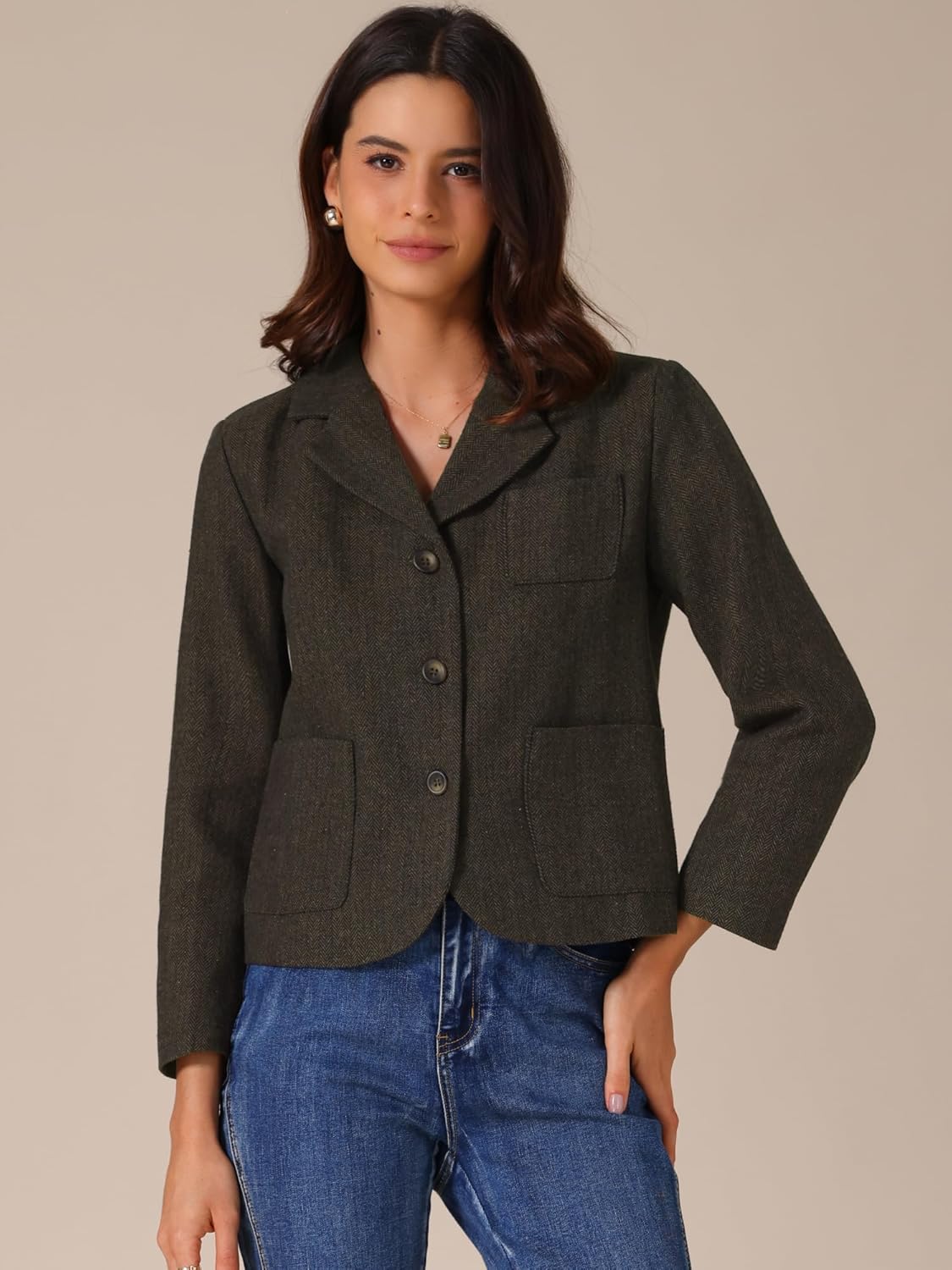 Allegra K Women's Casual Cropped Blazer Bracelet Sleeve Patch Pockets Notched Lapel Jackets - Image 3