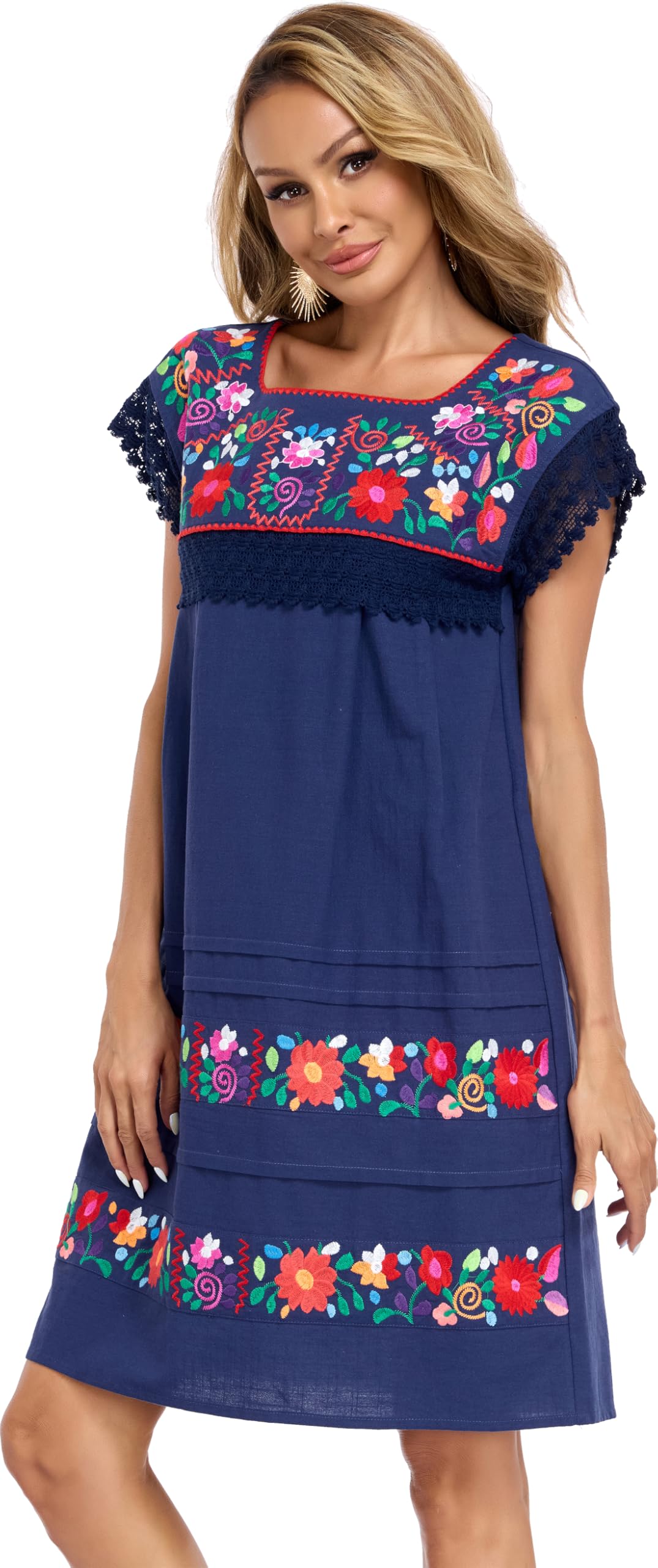 Women's Mexican Floral Embroidered Short Sleeve Peasant Dress Boho Dress | Round Neck Summer Sundress, Cap Sleeves, Casual Beach Babydoll Shift, Loose Flowy Shift Dress