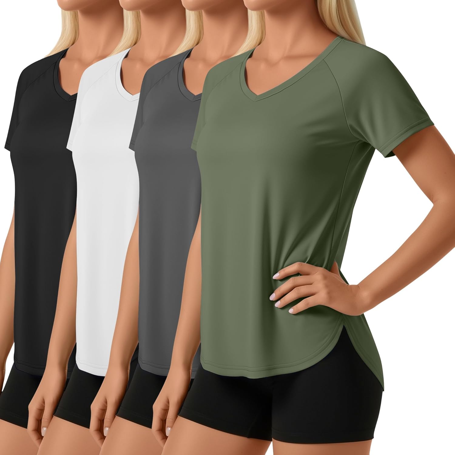 4 Pack Women's Short Sleeve Workout Shirts V Neck Slim Fit Blouses with Curved Hem Gym Yoga Activewear