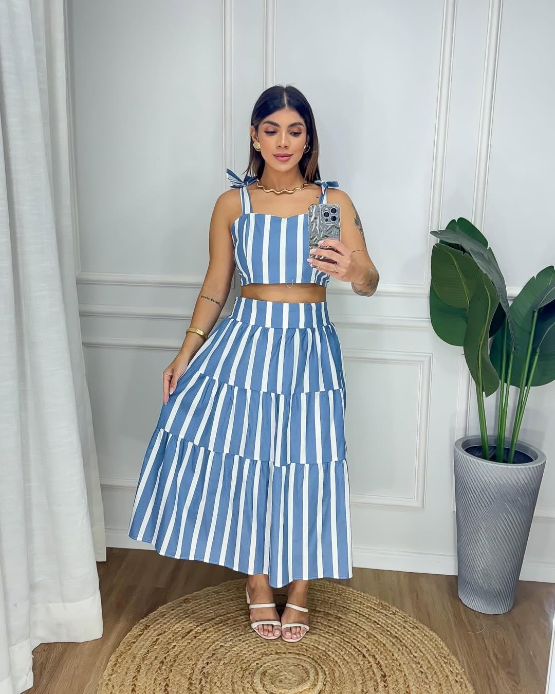 ksotutm Summer Outfits for Women Halter Tops High Waist A Line Maxi Skirt Striped Two Piece Sets for Vacation - Image 2