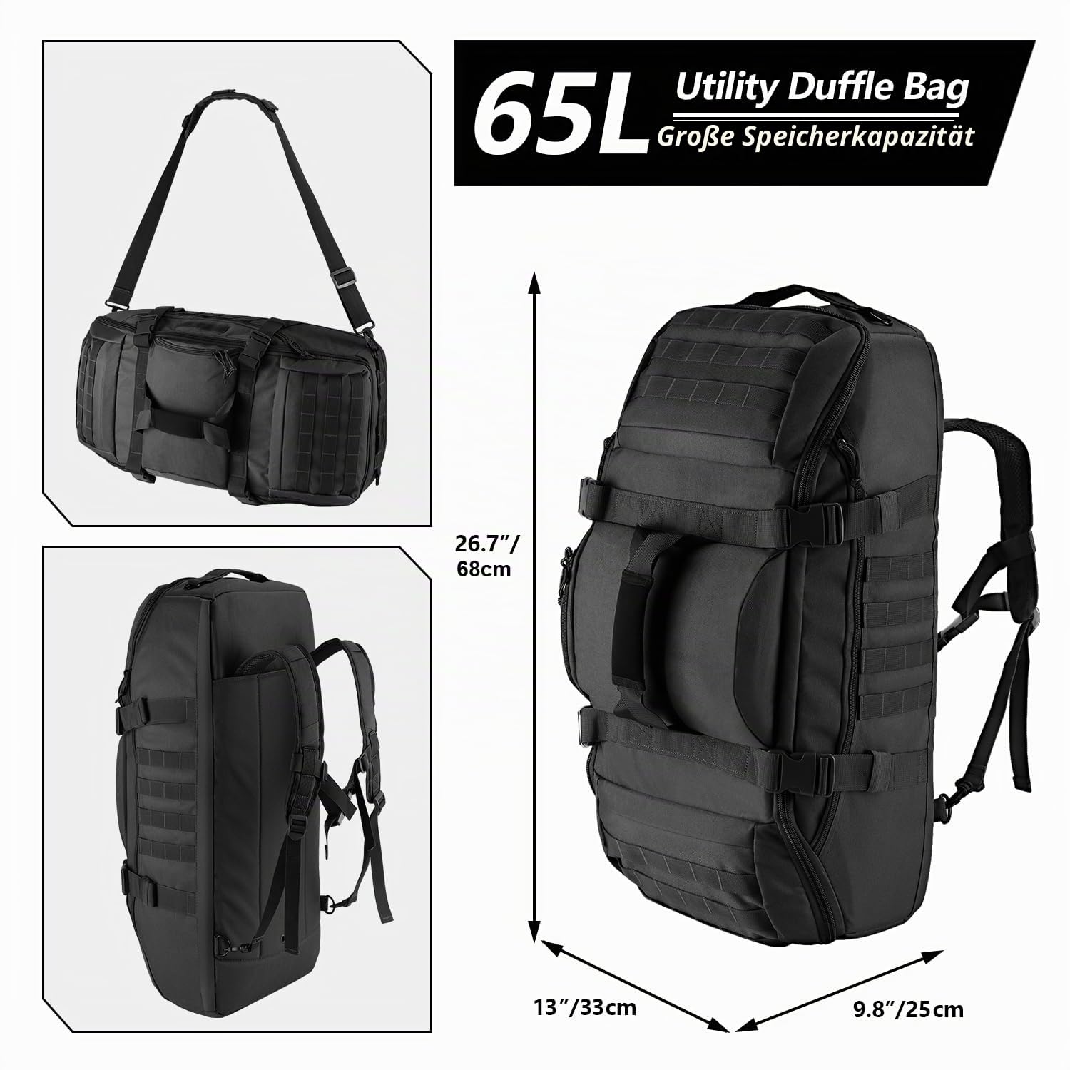 Große Reisetasche, 3-in-1 taktischer Rucksack, MOLLE-Pack für Sport, Fitnessstudio, Outdoor, Schwarz, 65L, Aktivitäten im Freien