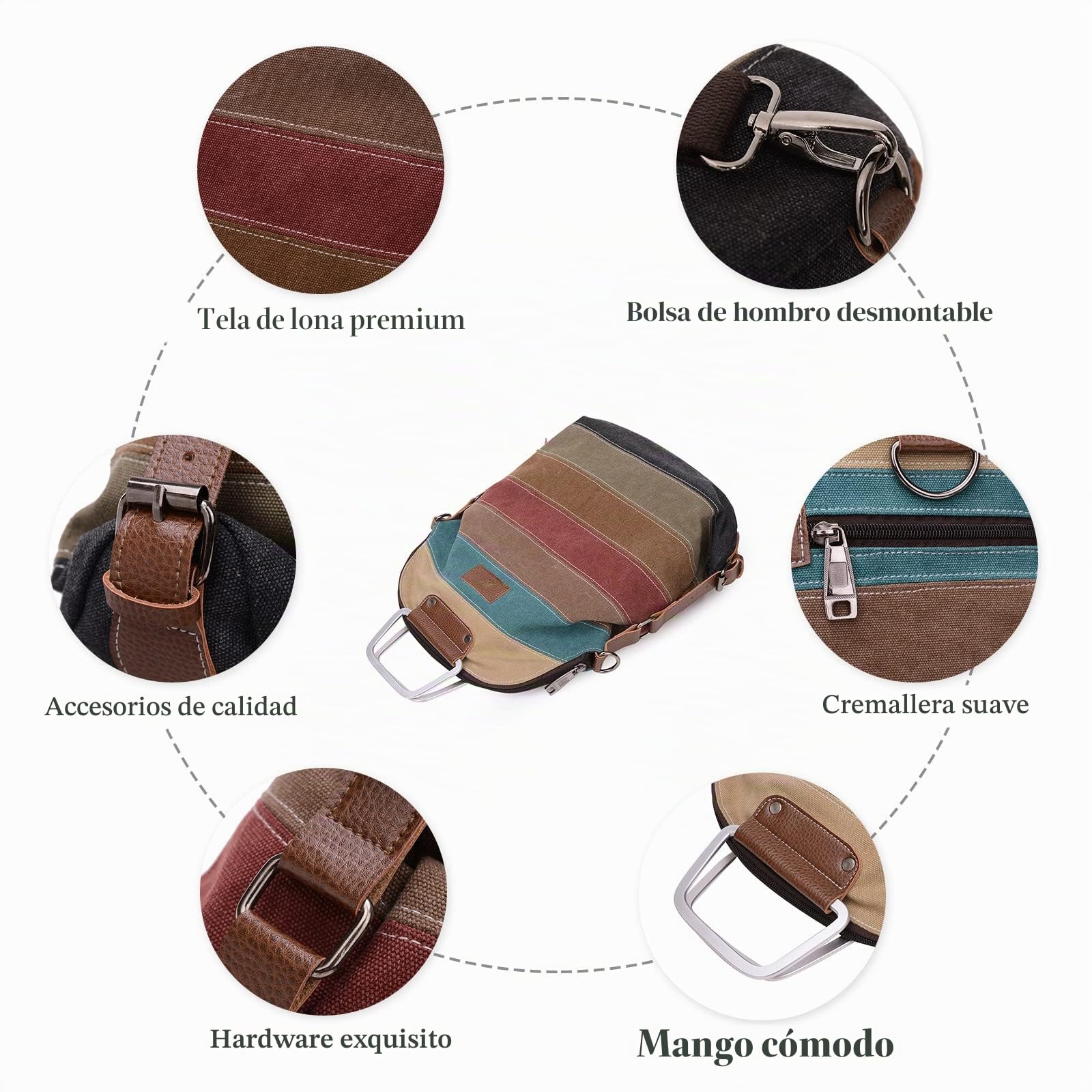 Casual Mochila Bolso Bandolera de Lona Multicolor Rayas Bolso de Hombro Señora Bolso de Mano para Viajes Escolares Trabajo Uso Diario Rojo