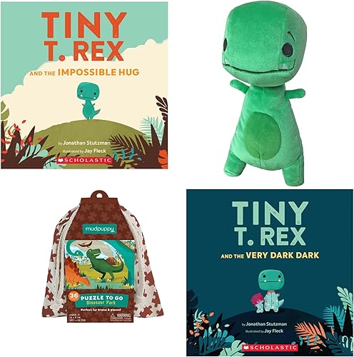Tiny T Rex - Juego de regalo de 2 libros The Impossible Hug and The Very Dark Dark por Jonathan Stutzman, peluche de MerryMakers y juguetes de