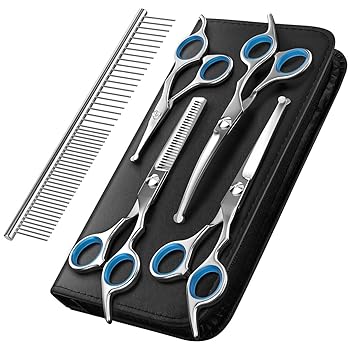 Pawaboo Dog Grooming Scissors Kit 5 Pack, Safety Round Tip Stainless Steel Titanium Coated Pet Grooming Trimmer Set, Thinning/Straight/Curved Shears and Comb with Case for Small Large Pet Dog Cat-Blue