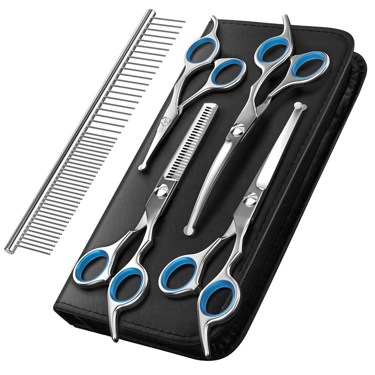 Pawaboo Dog Grooming Scissors Kit 5 Pack, Safety Round Tip Stainless Steel Titanium Coated Pet Grooming Trimmer Set, Thinning/Straight/Curved Shears and Comb with Case for Small Large Pet Dog Cat-Blue