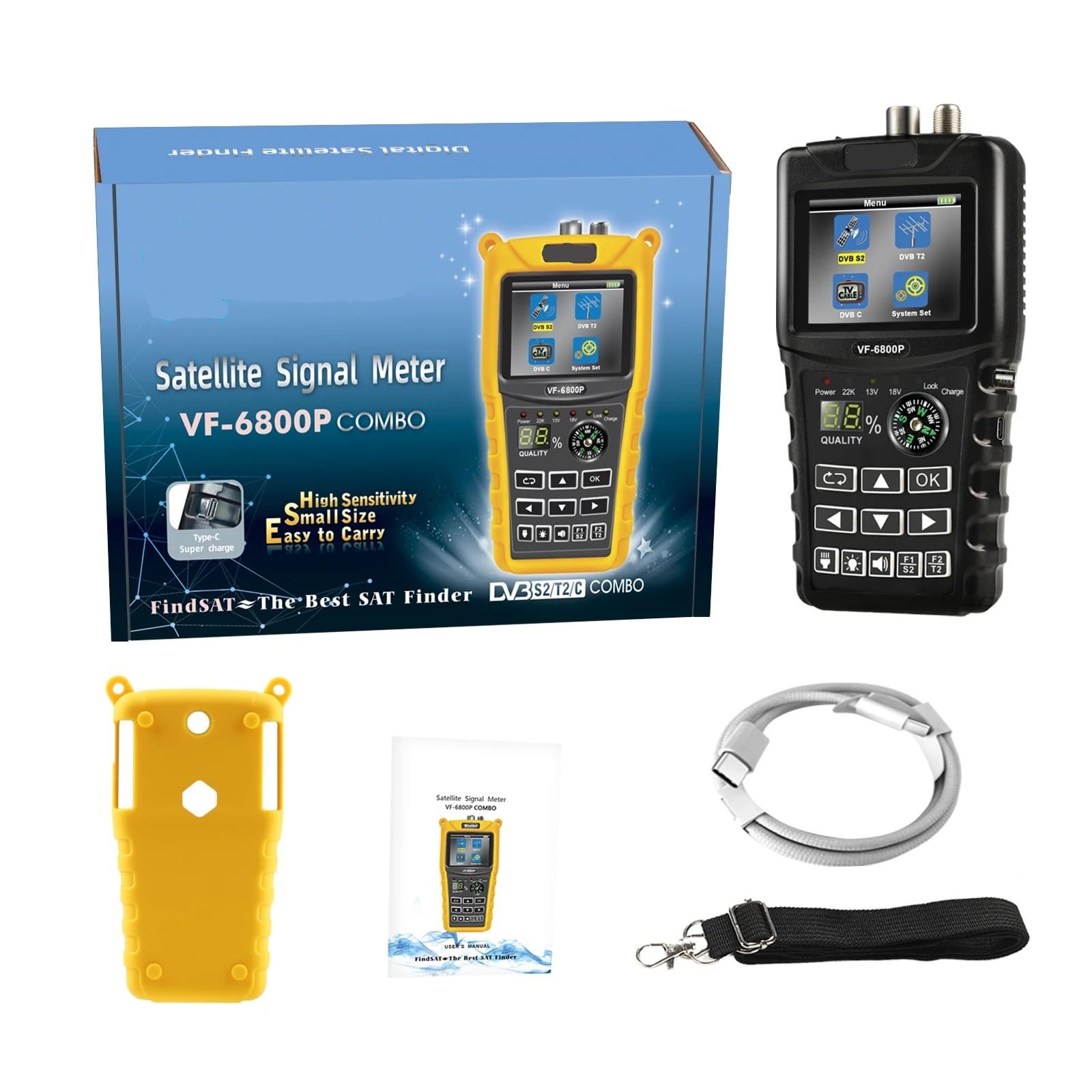 Buscador de satélites, Buscador De Satélite VF 6800P Compatible con DVB-T2/DVB S2/DVB C, Medidor, Receptor TV, Sintonizador DVB T2, Digital HD,Medición de señal Sat
