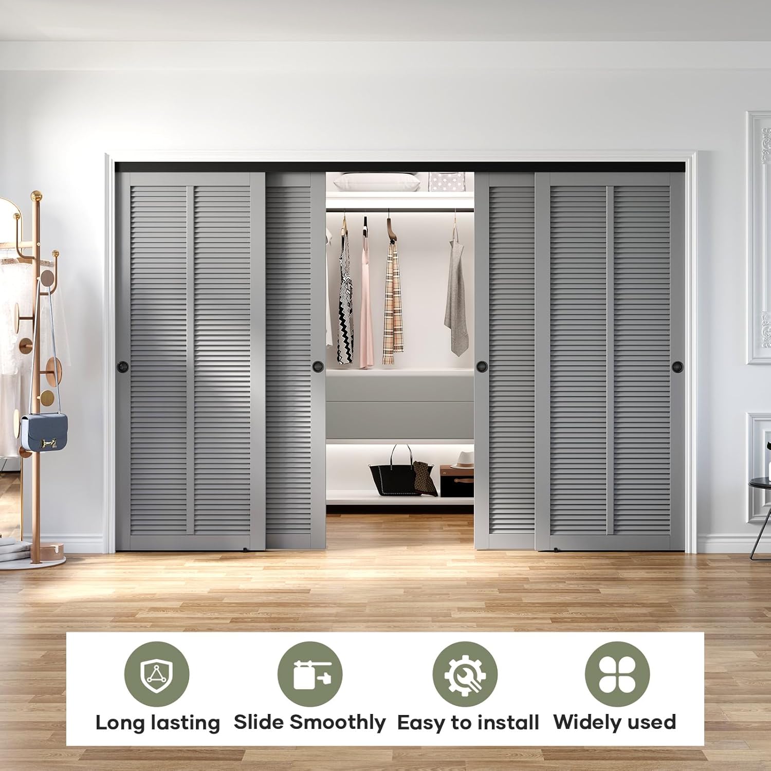 EaseLife 10FT/120in Bypass Double Sliding Pocket Door Hardware Kit,Commercial Grade,Aluminum,Bypassing Wardrobe Closet Door Track for 4 Door System,Slide Smoothly Quietly,Easy Install,Black,No Door 10 feet for 4 doors