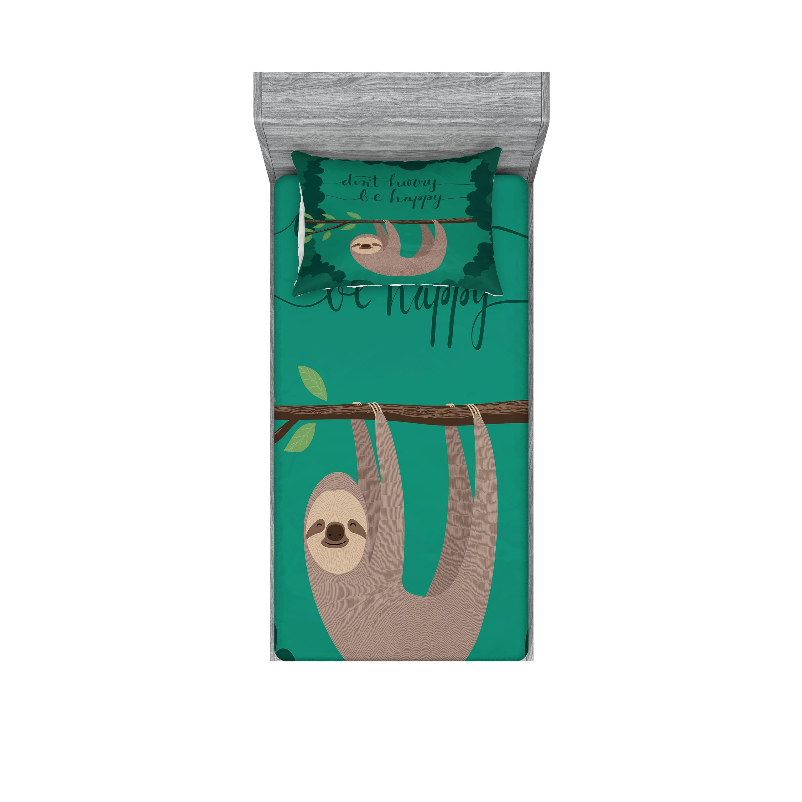 Ambesonne Cartoon Fitted Sheet & Pillow Sham Set, Illustration of a Lazy Sloth Hanging on a Tree with Do Not Hurry Be Happy Text, Decorative Printed 2 Piece Bedding Decor Set, Twin, Emerald Taupe