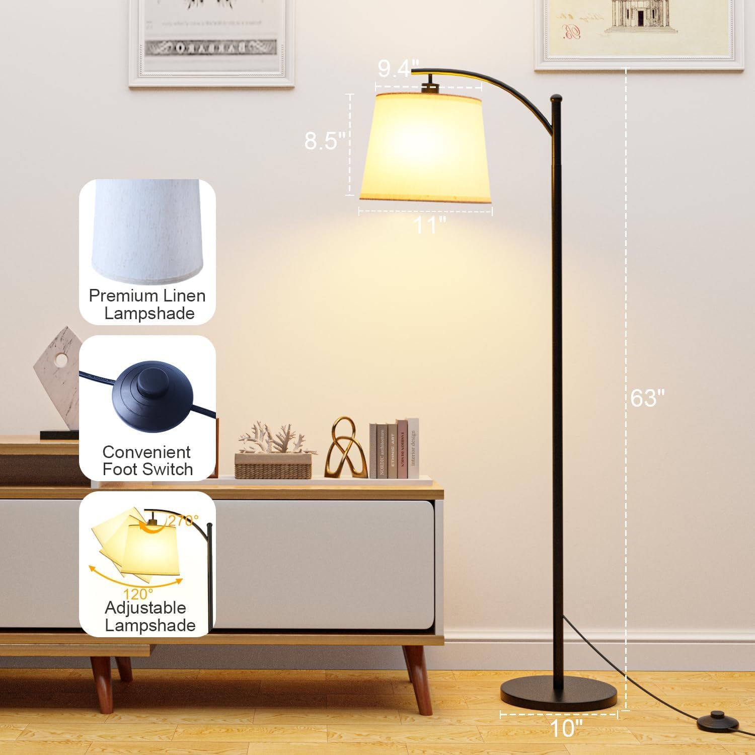 Nowoczesna lampa podłogowa z pilotem, elegancki klosz, regulowany łuk, czarna