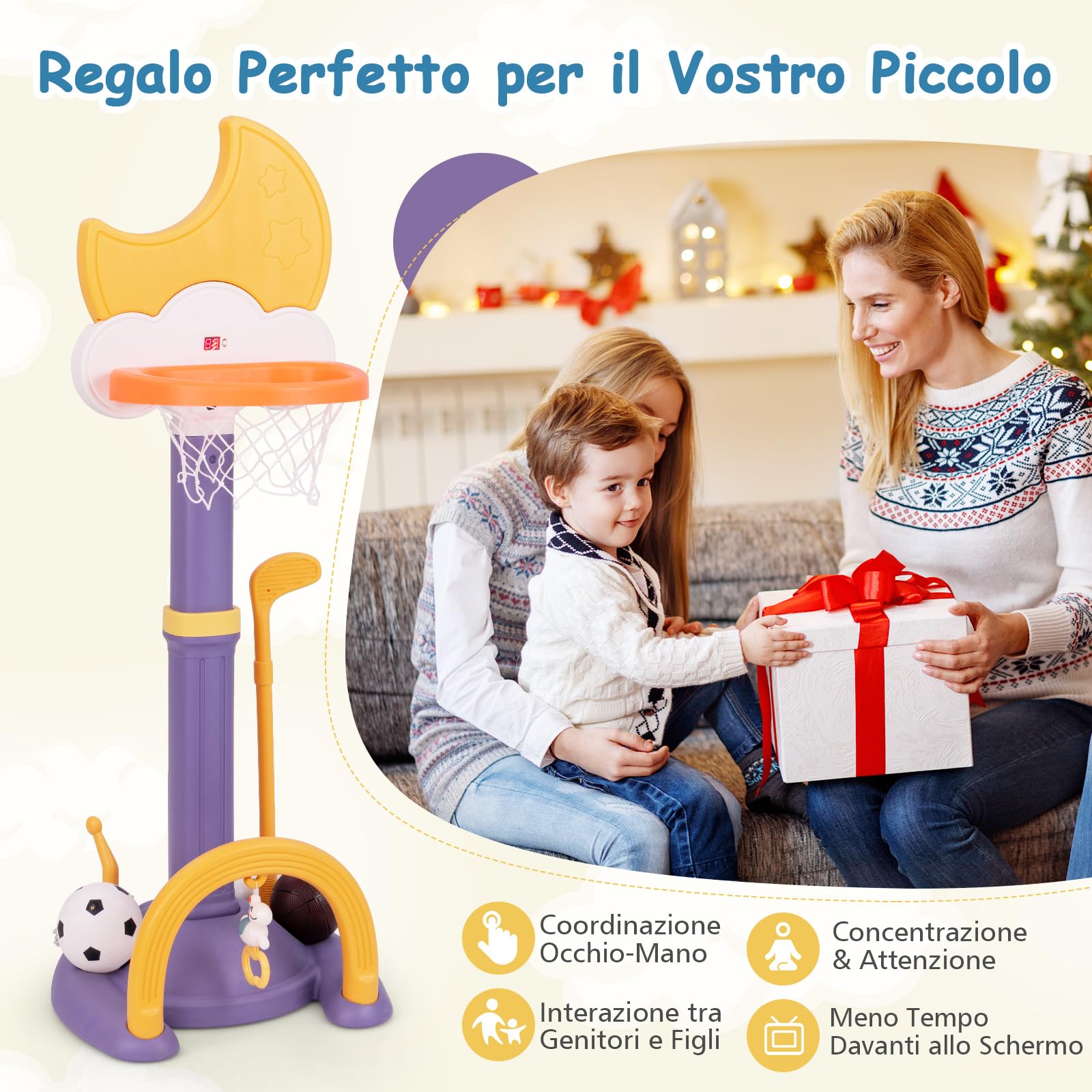 COSTWAY 4 in 1 Canestro da Basket per Bambini, Centro di Attività Sportiva Regolabile con Basket Calcio Golf e Gioco del Lancio dell'Anello, per Interno ed Esterno, 3 Anni+ (Giallo)