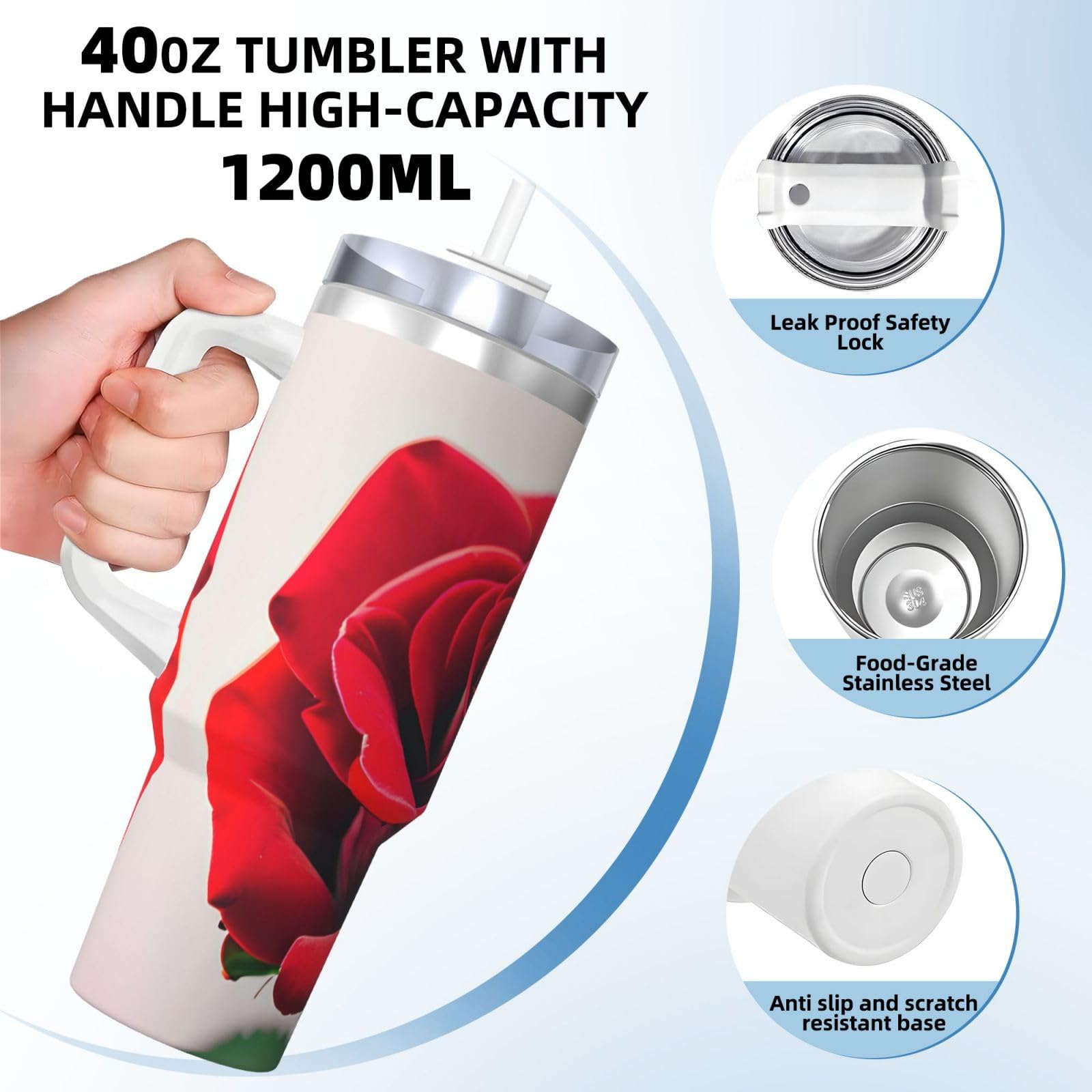 A Red Rose 1 Wasserflasche aus Edelstahl, doppelwandig, isoliert, mit Griff und Strohhalm-Deckel, 1,2 l