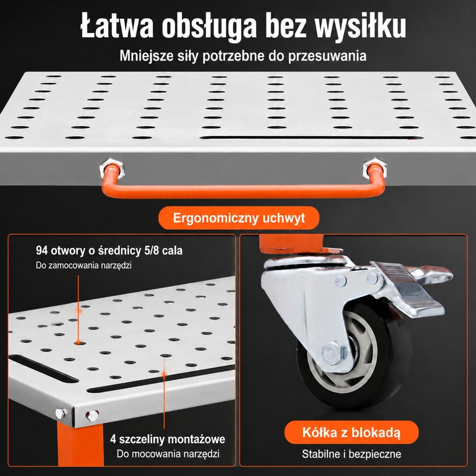 Mobilny stół spawalniczy ze stali węglowej, 94 otwory, 4 miejsca na narzędzia, wózek do warsztatu