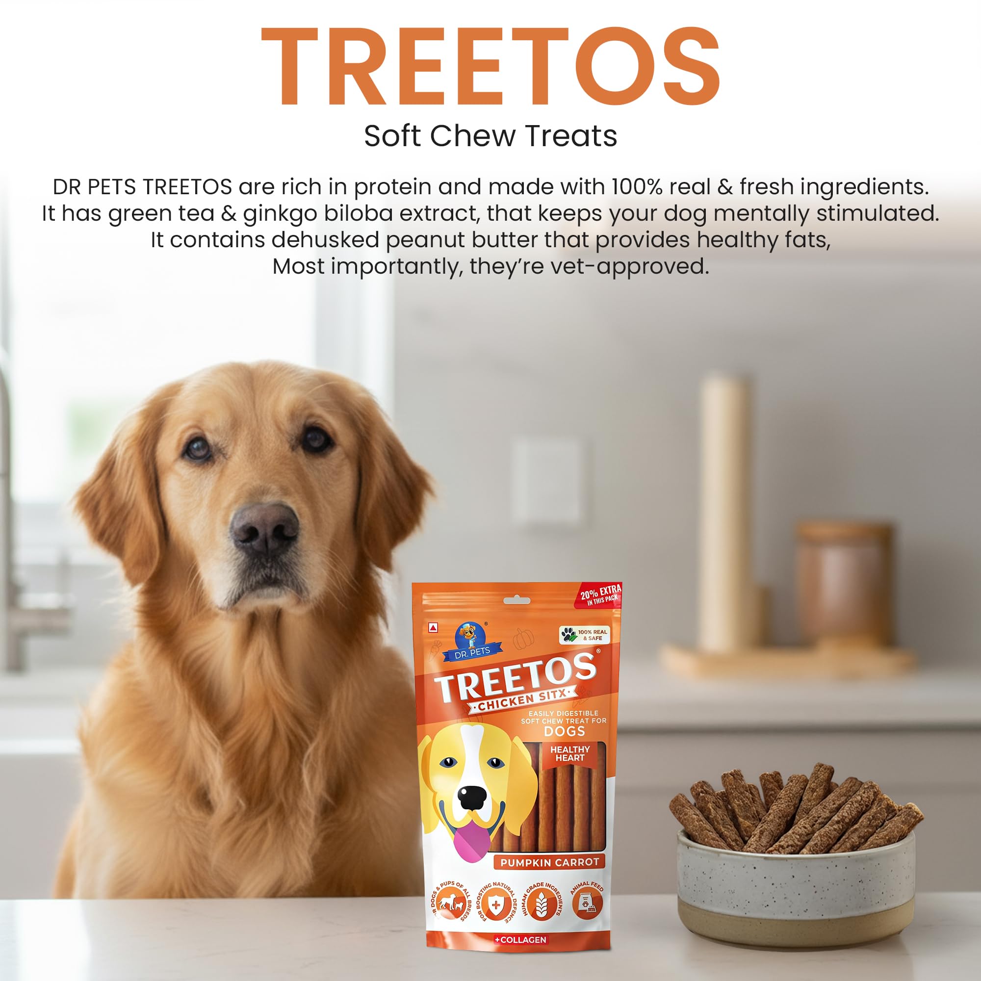 Dr. Pets 85g Treetos Chicken Stix Dog Treats | Pumpkin Carrot Flavour | Soft Chew Sticks for Puppies & Adult Dogs | Training Reward Snack | Easy to Chew | Pouch Pack 2