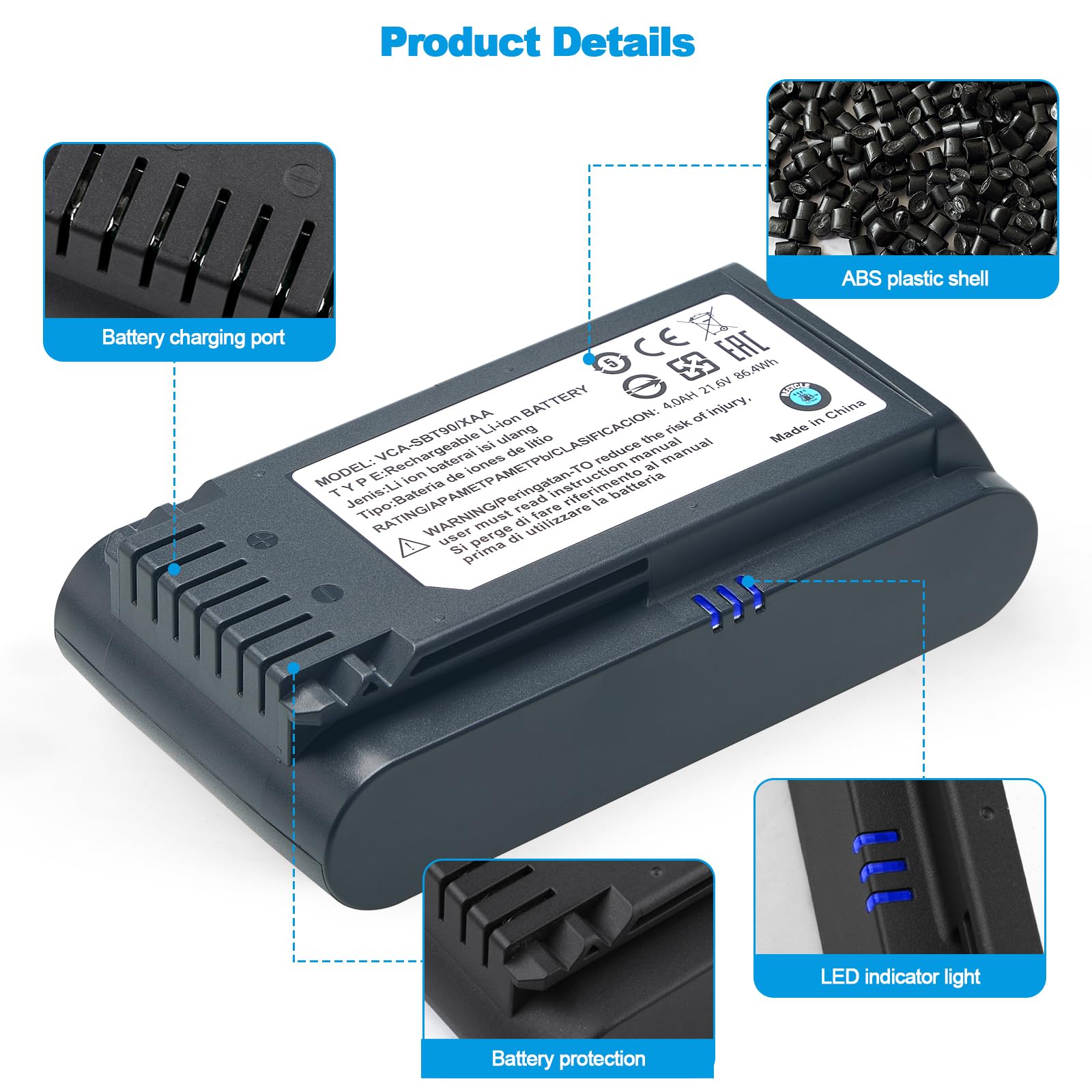Batería de repuesto de 4,0 Ah para aspiradoras de batería Samsung Jet 60, Jet 70, 75, 75+ y Jet 90/90+, compatible con los modelos VCA-SBTA60, VCA-SBT90 y VCA-SBT90EB